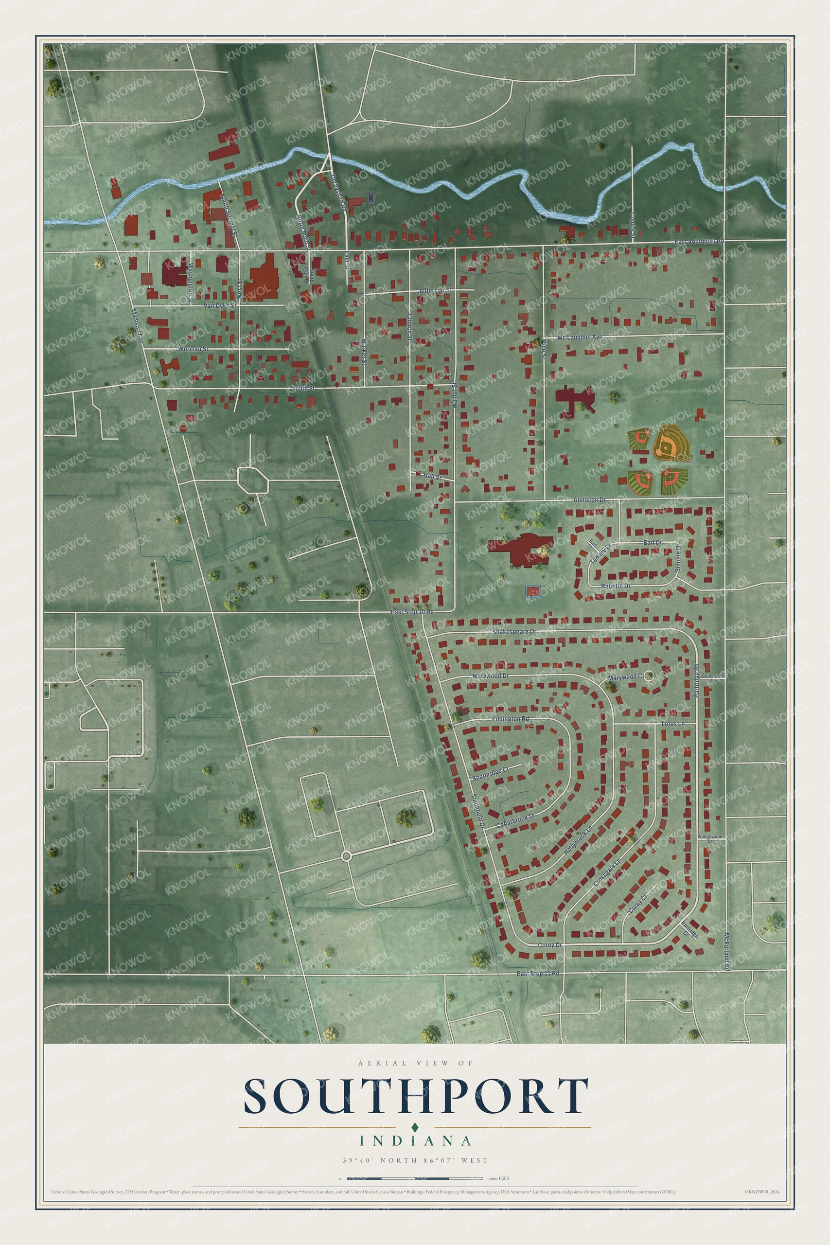 Full map of Southport, Indiana, with red buildings, printed street names and the land around them