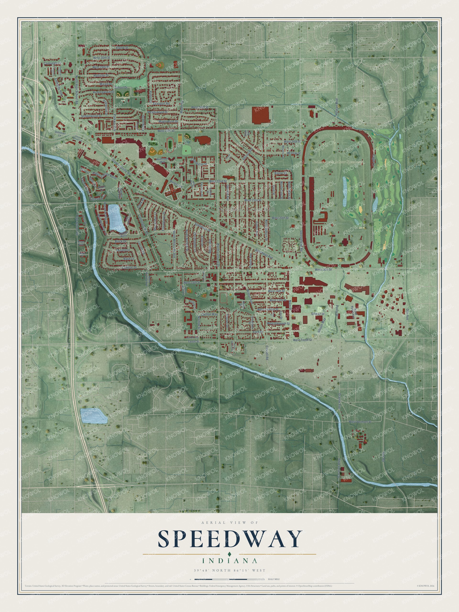 Full map of Speedway, Indiana, with red buildings, printed street names and the land around them