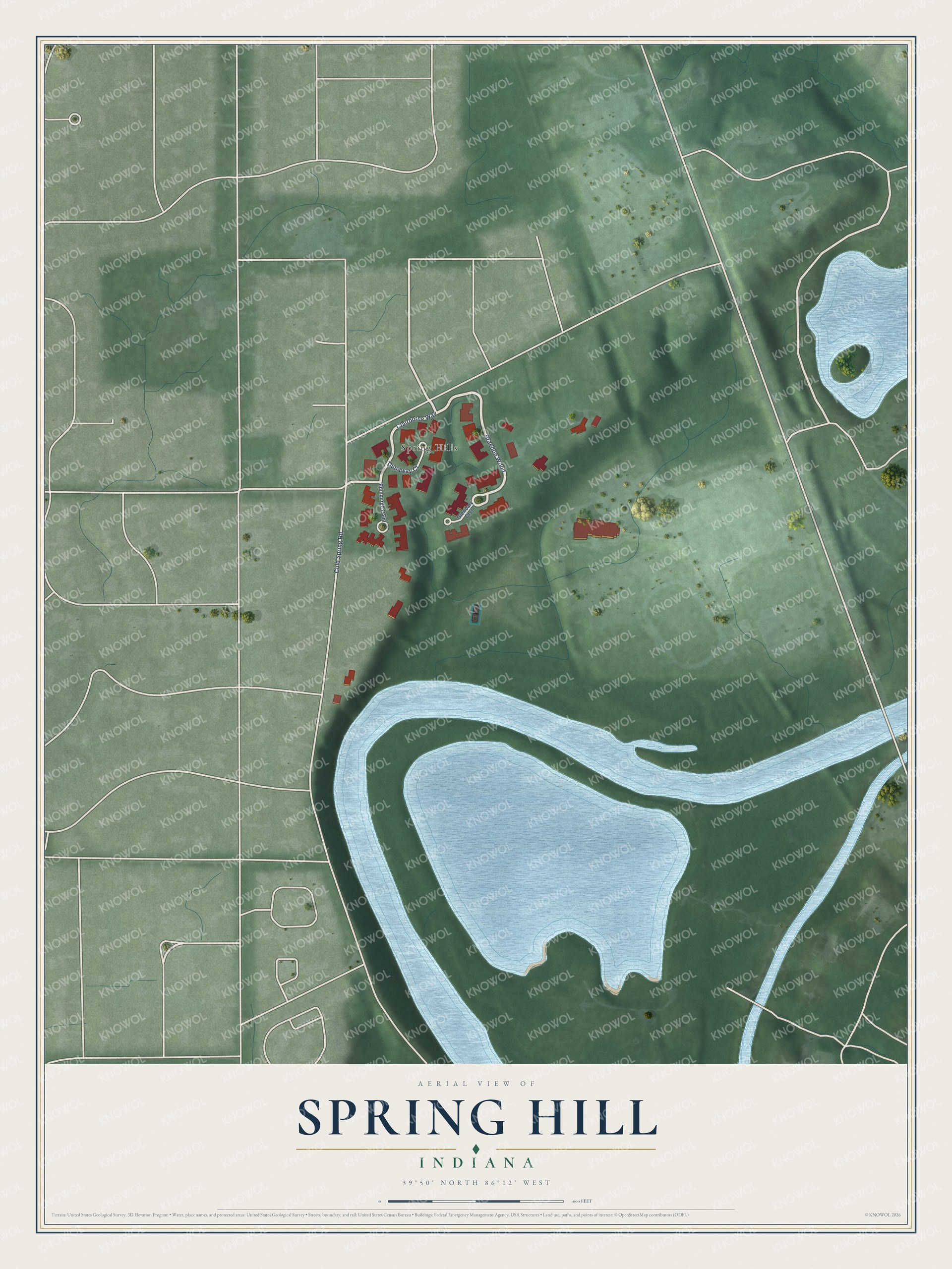 Full map of Spring Hill, Indiana, with red buildings, printed street names and the land around them