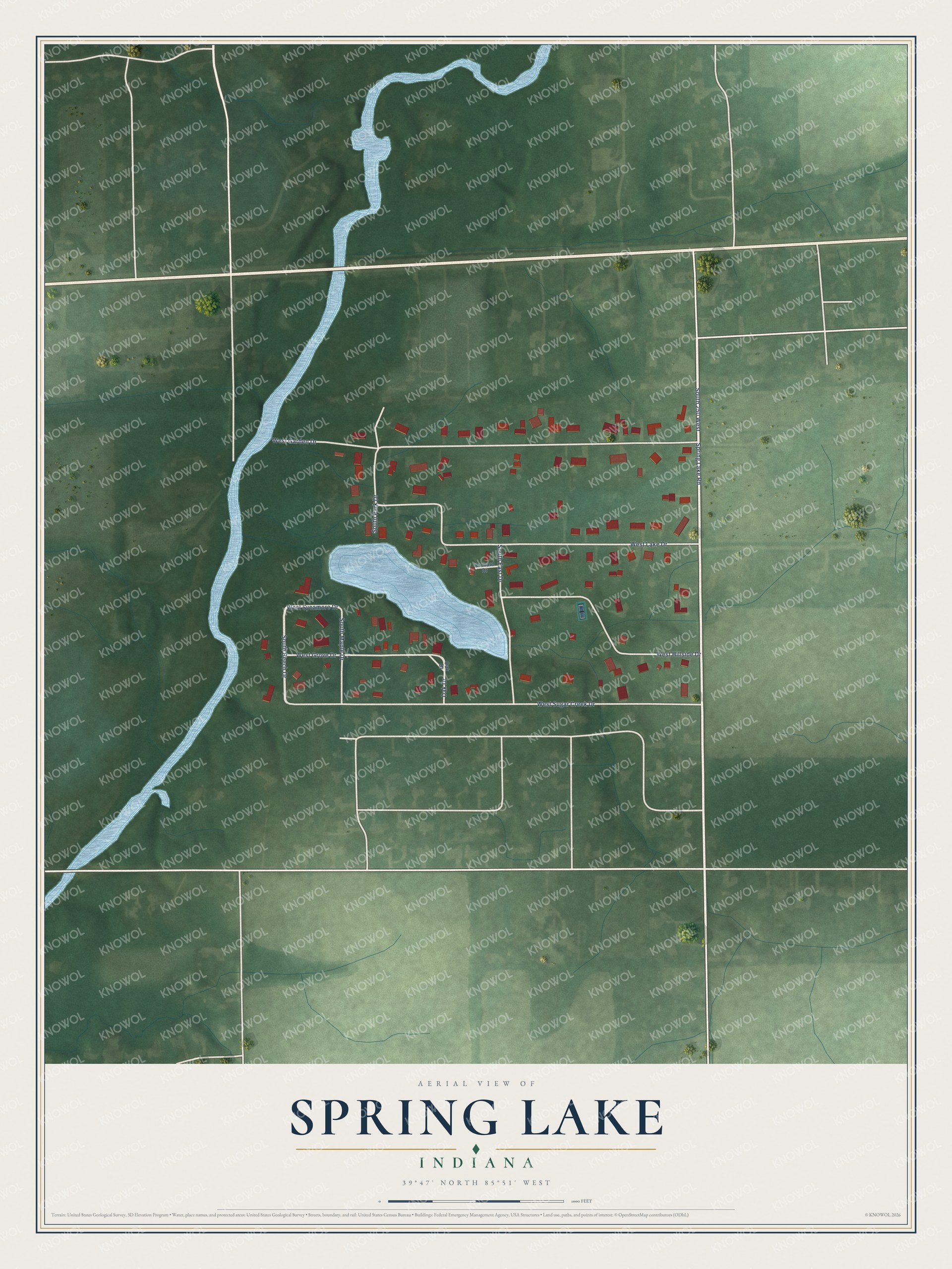 Full map of Spring Lake, Indiana, with red buildings, printed street names and the land around them