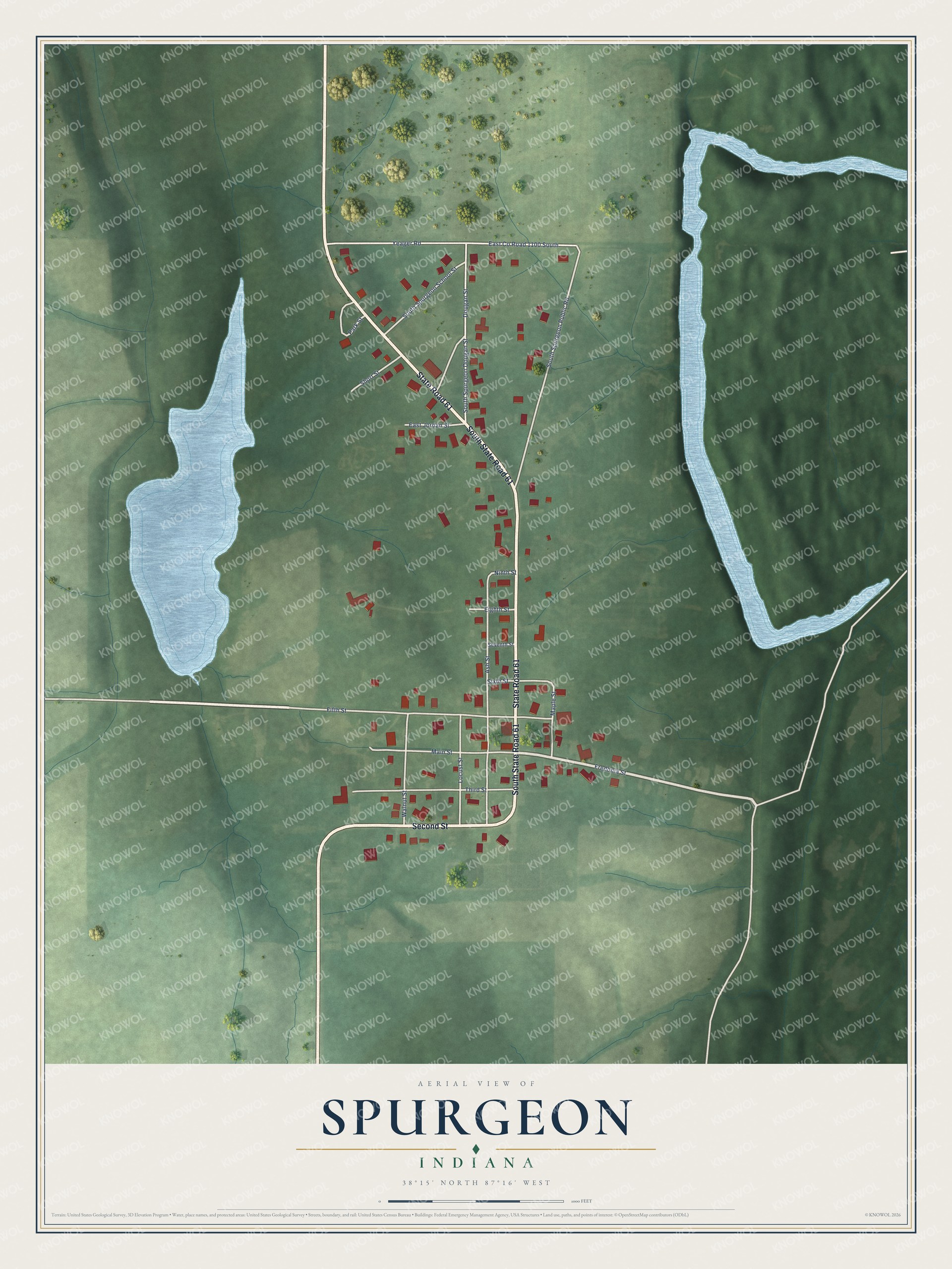 Full map of Spurgeon, Indiana, with red buildings, printed street names and the land around them
