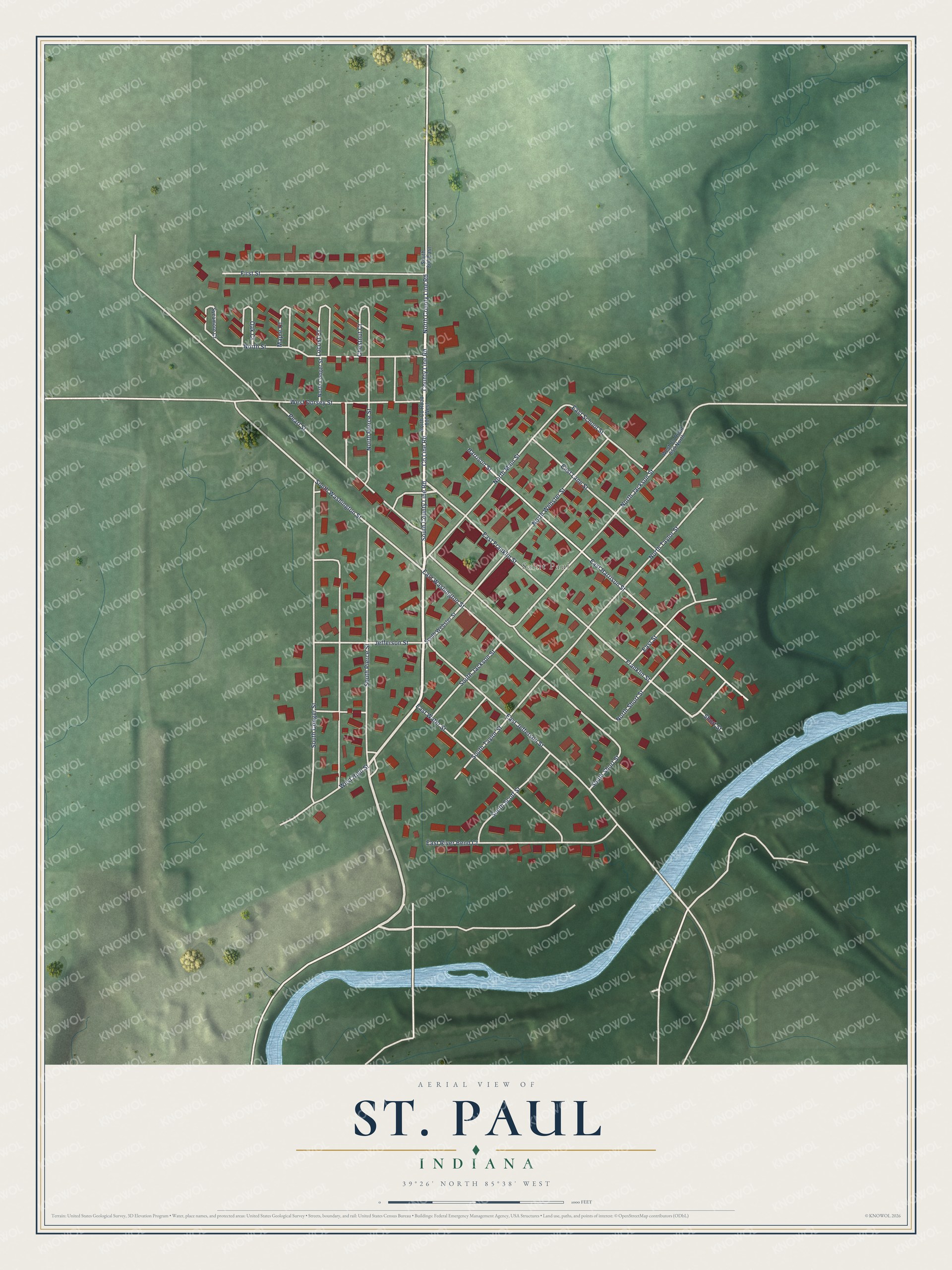 Full map of St. Paul, Indiana, with red buildings, printed street names and the land around them