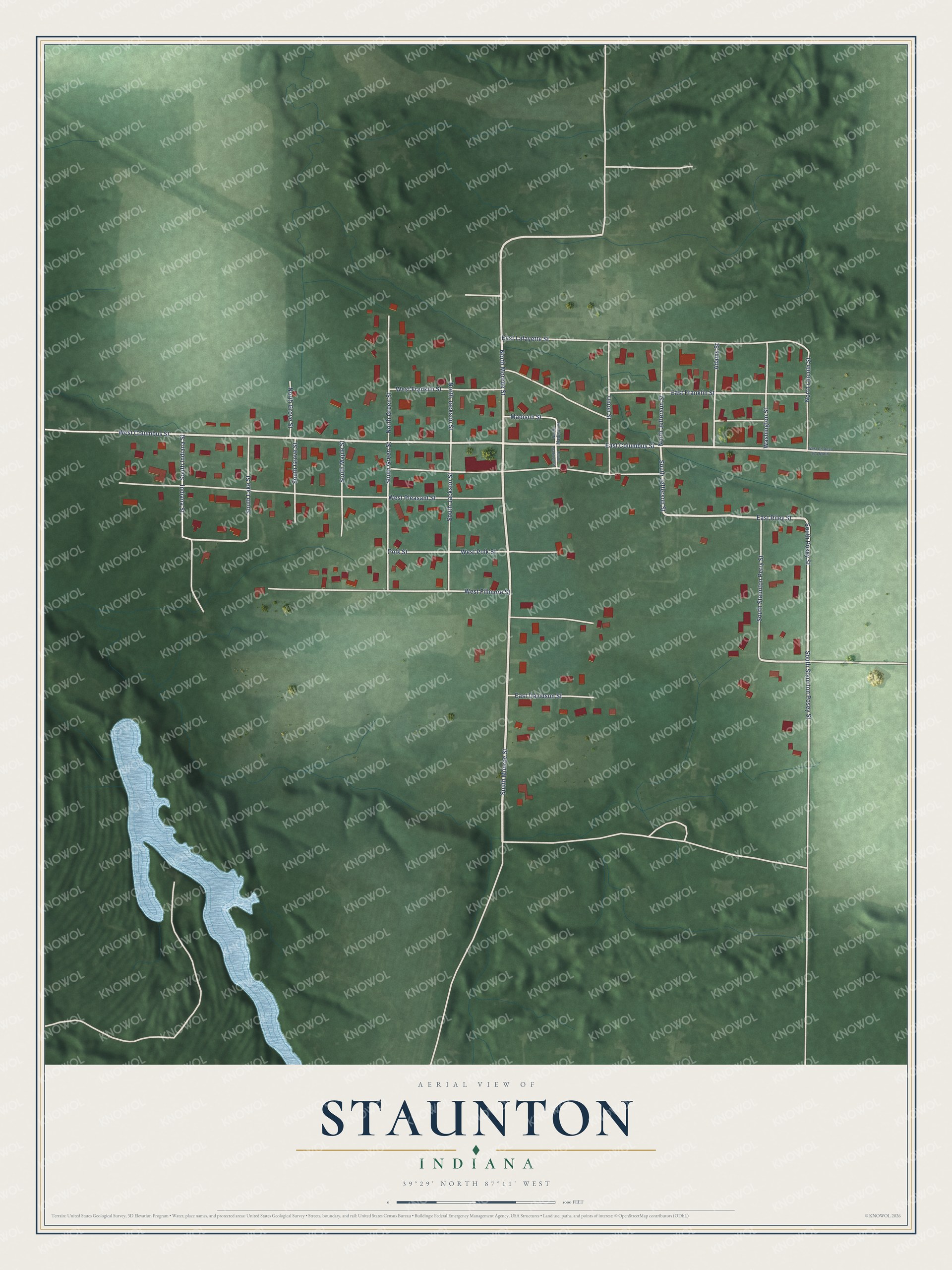 Full map of Staunton, Indiana, with red buildings, printed street names and the land around them