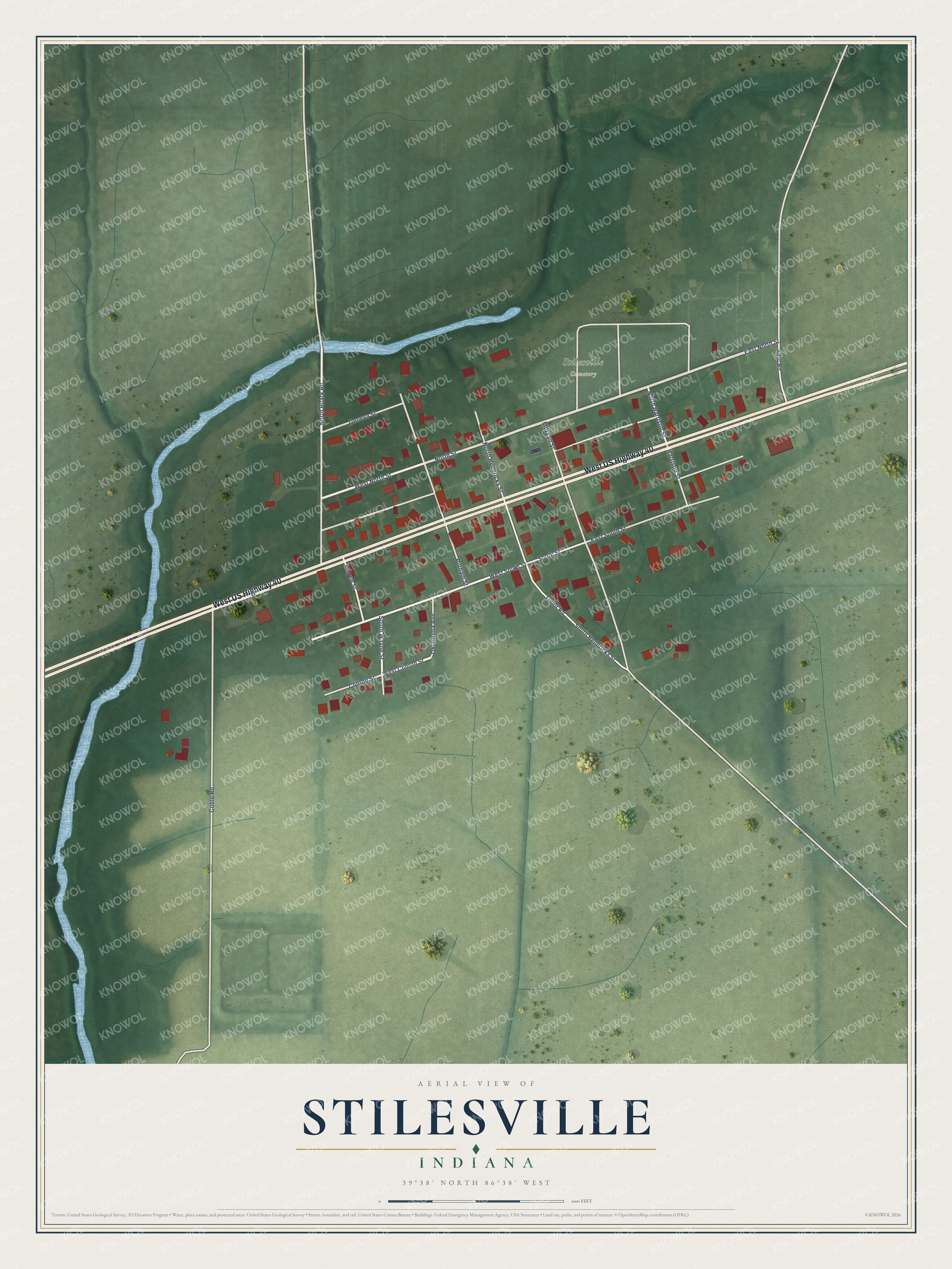 Full map of Stilesville, Indiana, with red buildings, printed street names and the land around them