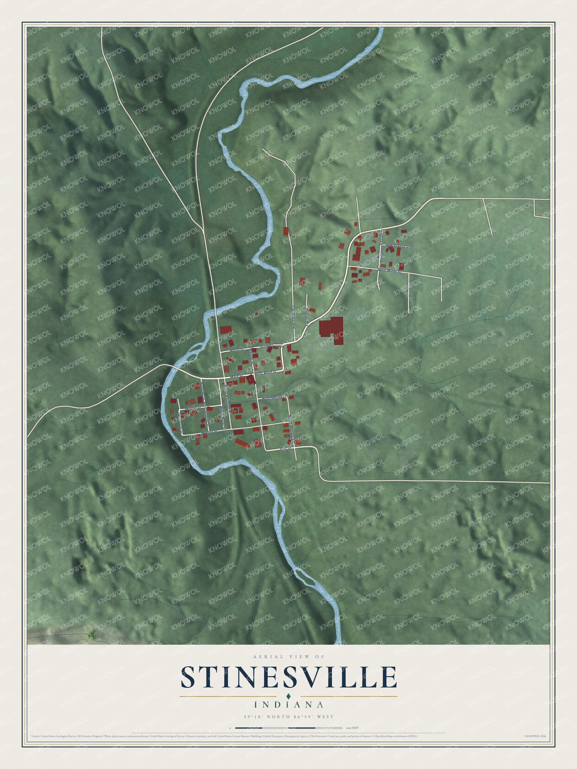 Full map of Stinesville, Indiana, with red buildings, printed street names and the land around them