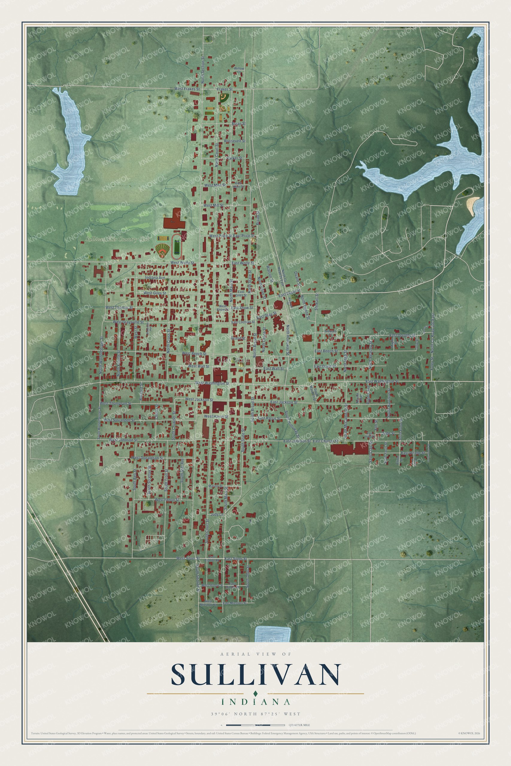 Full map of Sullivan, Indiana, with red buildings, printed street names and the land around them