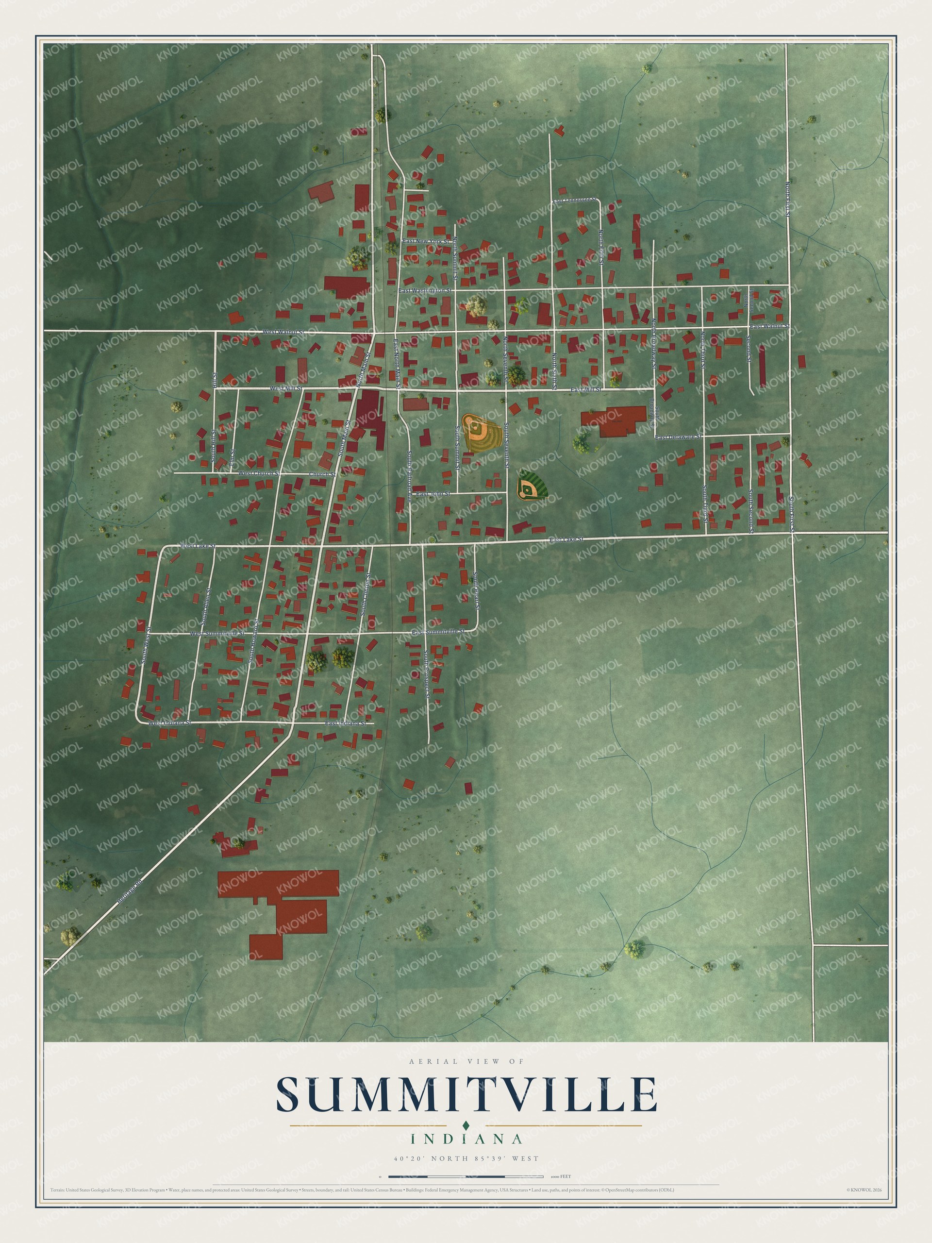 Full map of Summitville, Indiana, with red buildings, printed street names and the land around them