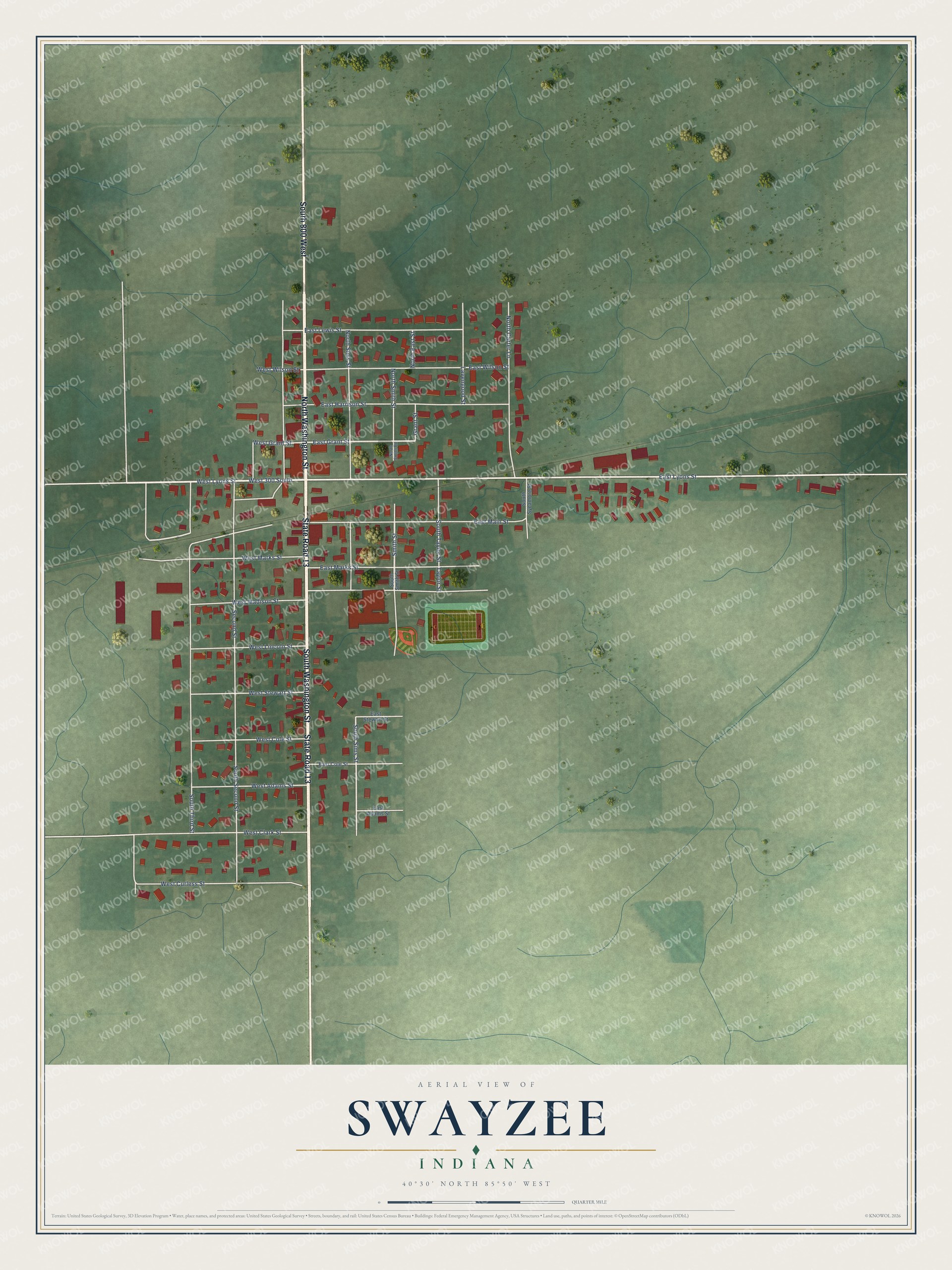 Full map of Swayzee, Indiana, with red buildings, printed street names and the land around them