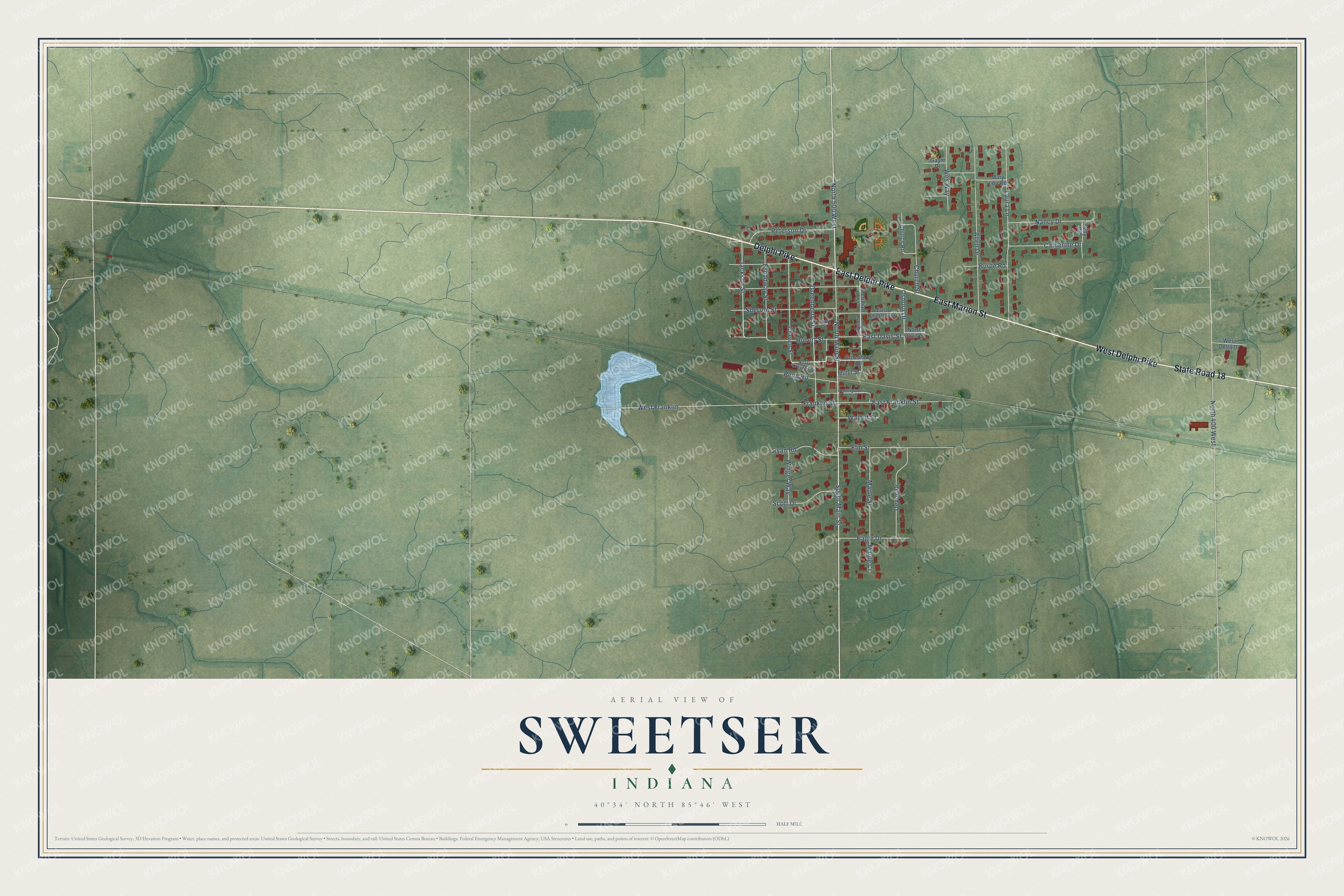 Full map of Sweetser, Indiana, with red buildings, printed street names and the land around them