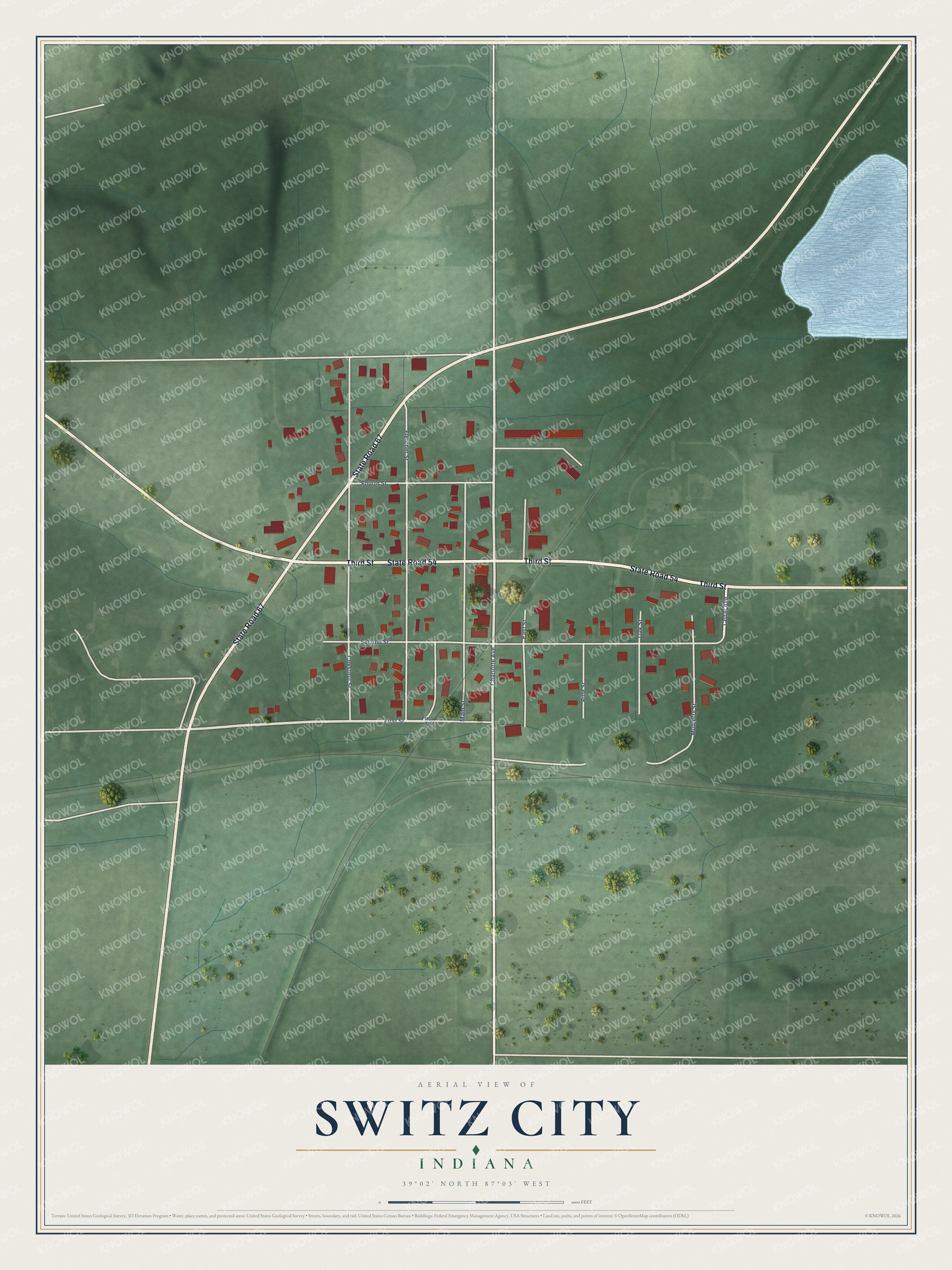 Full map of Switz City, Indiana, with red buildings, printed street names and the land around them