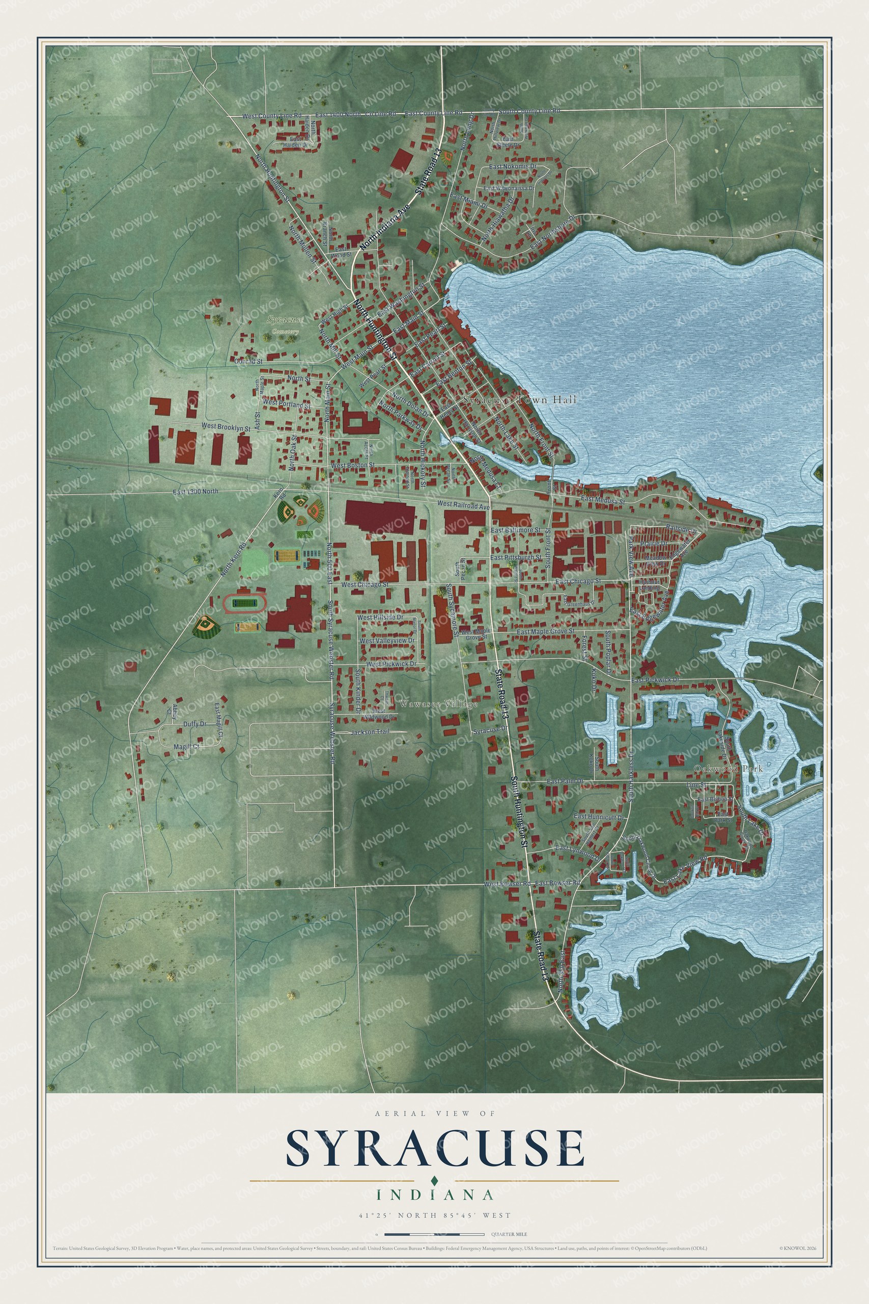 Full map of Syracuse, Indiana, with red buildings, printed street names and the land around them
