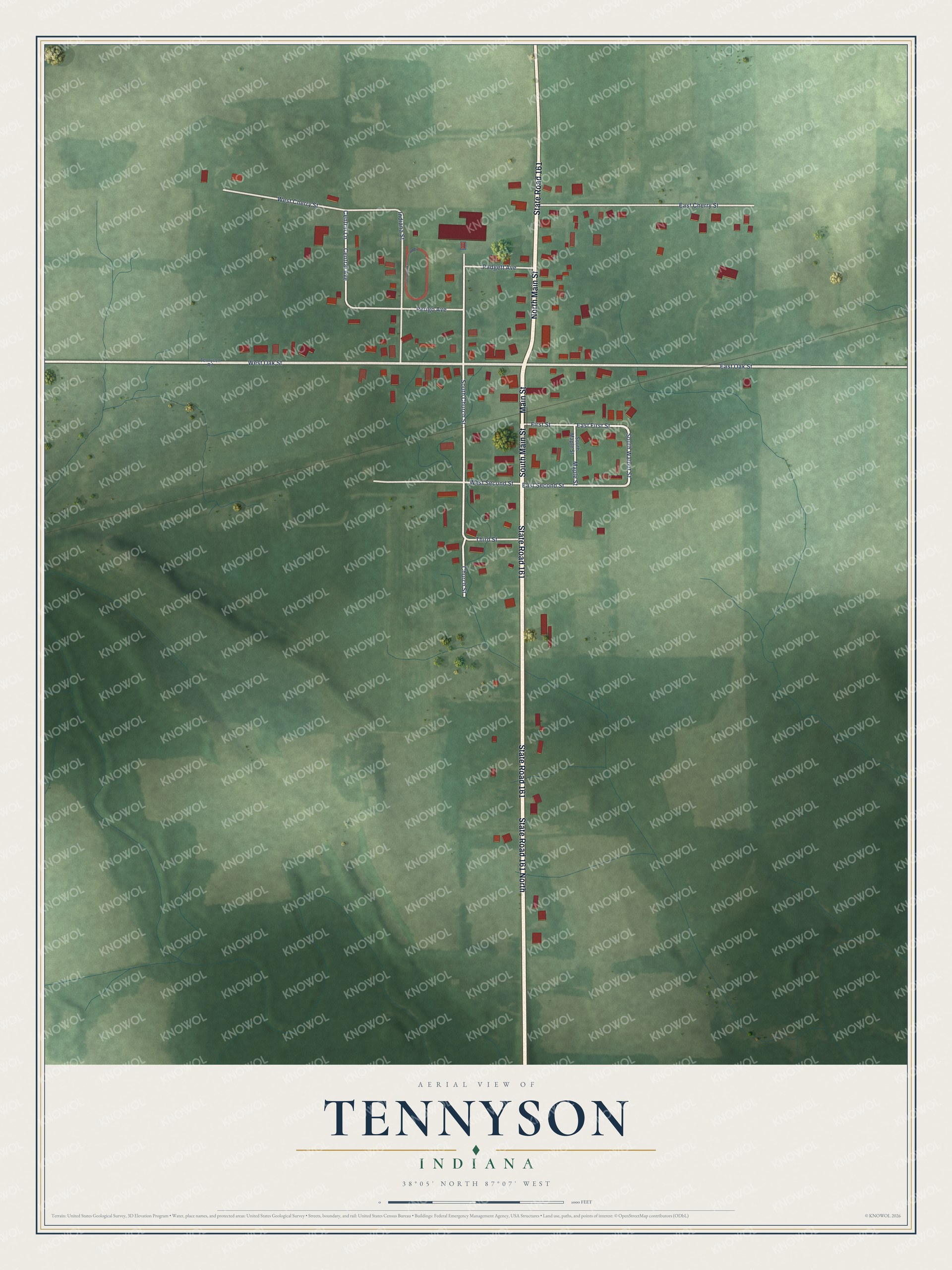 Full map of Tennyson, Indiana, with red buildings, printed street names and the land around them