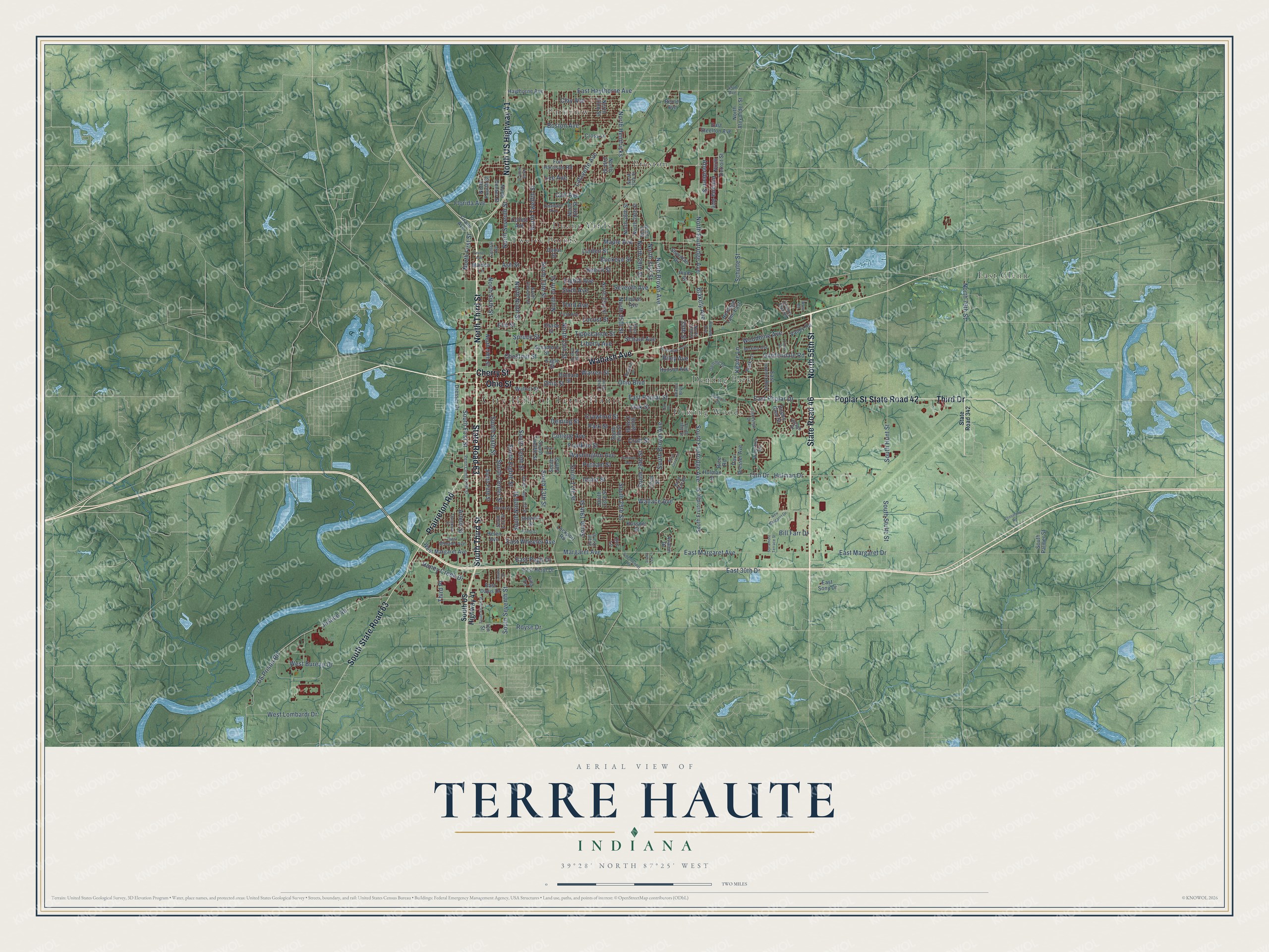 Full map of Terre Haute, Indiana, with red buildings, printed street names and the land around them