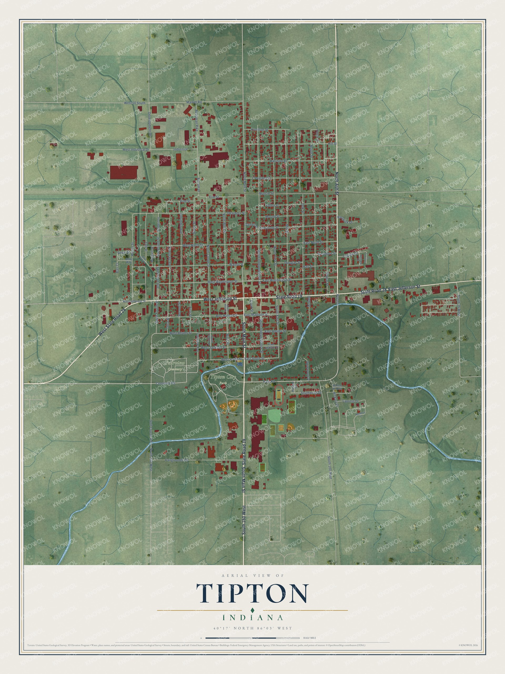 Full map of Tipton, Indiana, with red buildings, printed street names and the land around them