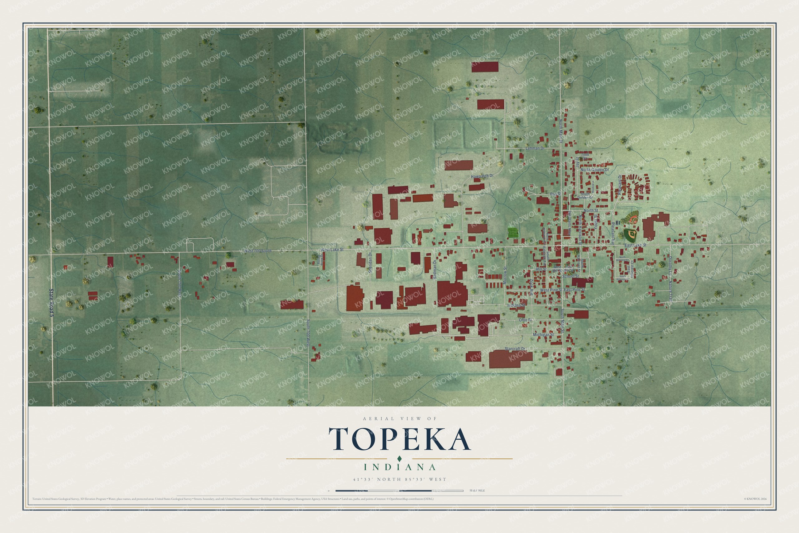 Full map of Topeka, Indiana, with red buildings, printed street names and the land around them