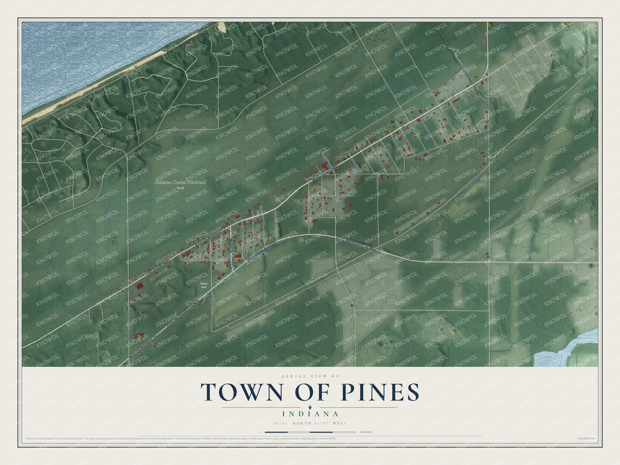 Full map of Town of Pines, Indiana, with red buildings, printed street names and the land around them