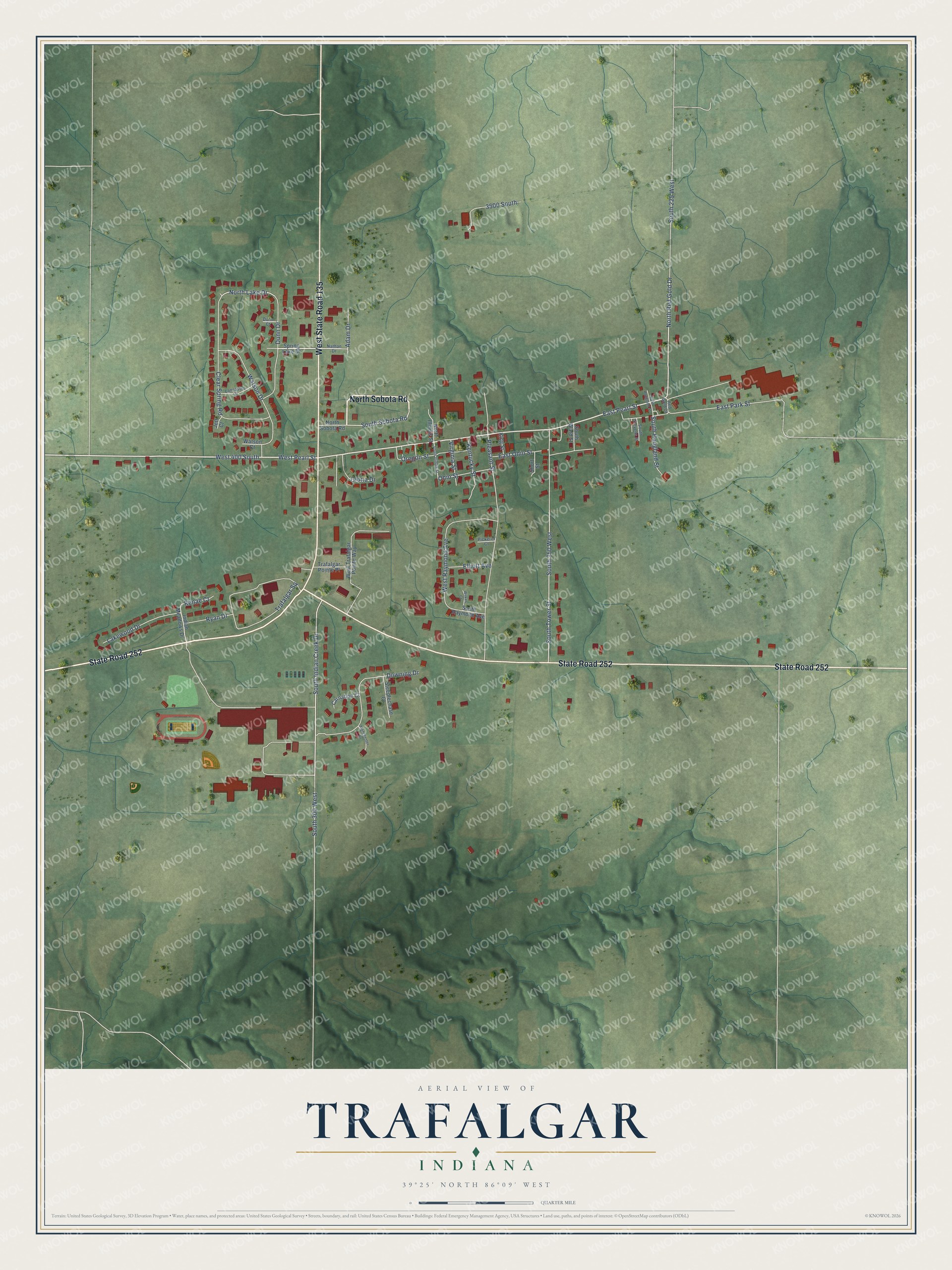 Full map of Trafalgar, Indiana, with red buildings, printed street names and the land around them