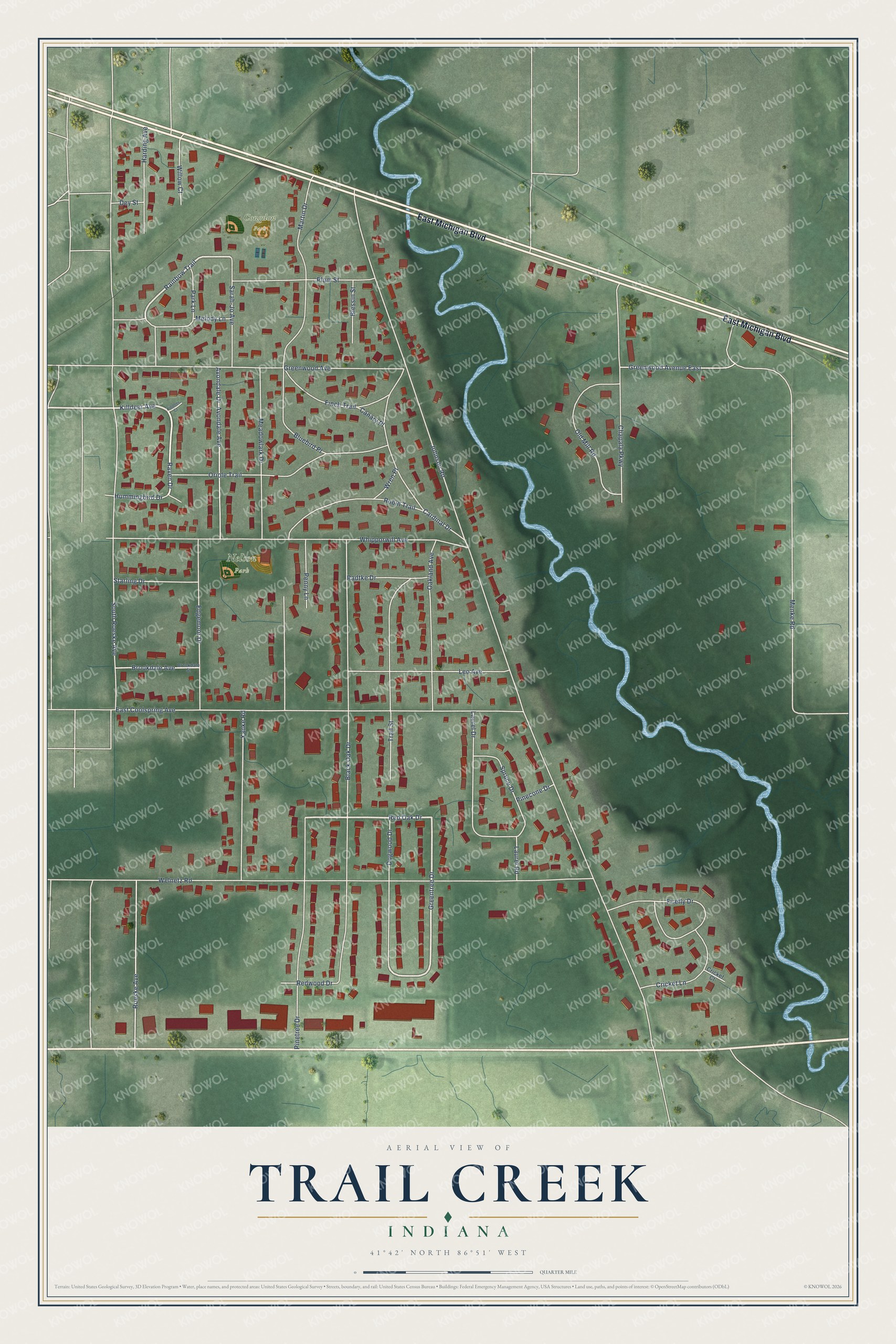 Full map of Trail Creek, Indiana, with red buildings, printed street names and the land around them