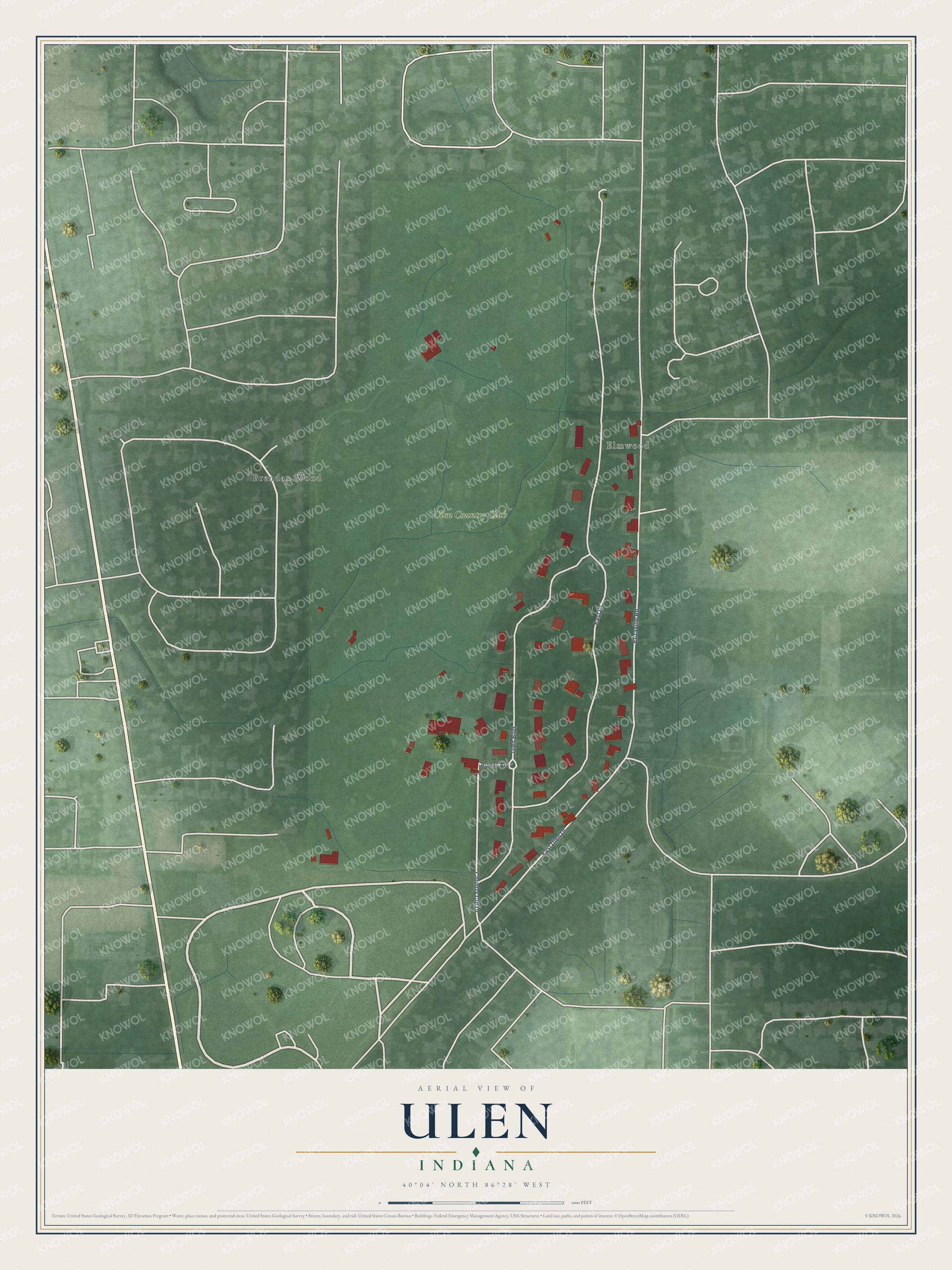 Full map of Ulen, Indiana, with red buildings, printed street names and the land around them