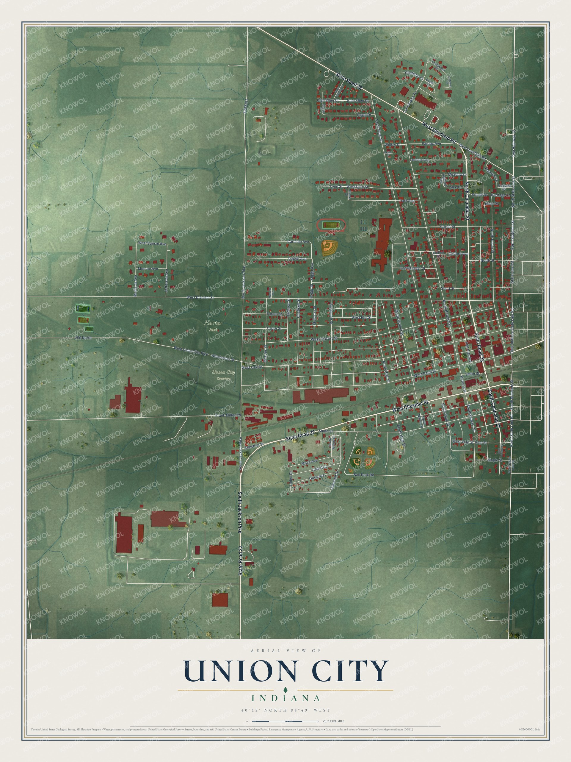 Full map of Union City, Indiana, with red buildings, printed street names and the land around them