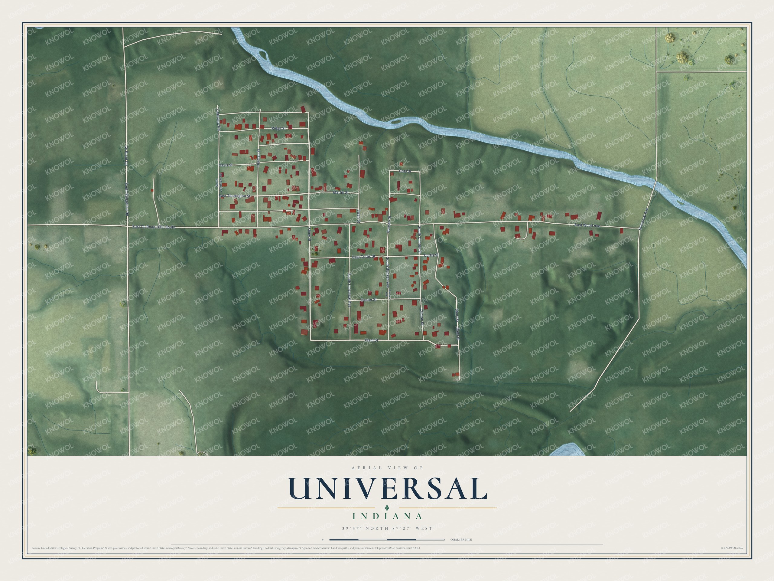 Full map of Universal, Indiana, with red buildings, printed street names and the land around them