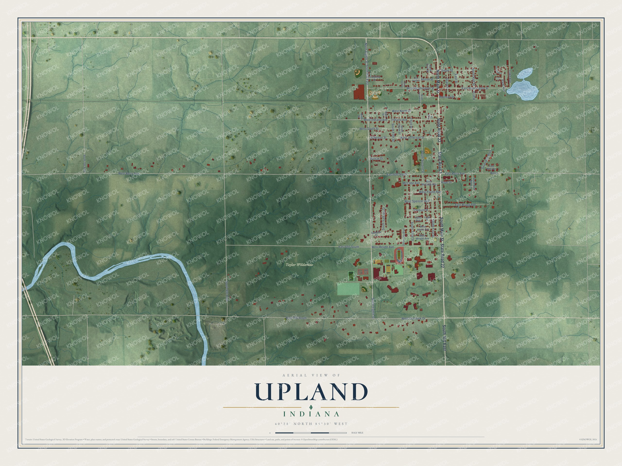 Full map of Upland, Indiana, with red buildings, printed street names and the land around them
