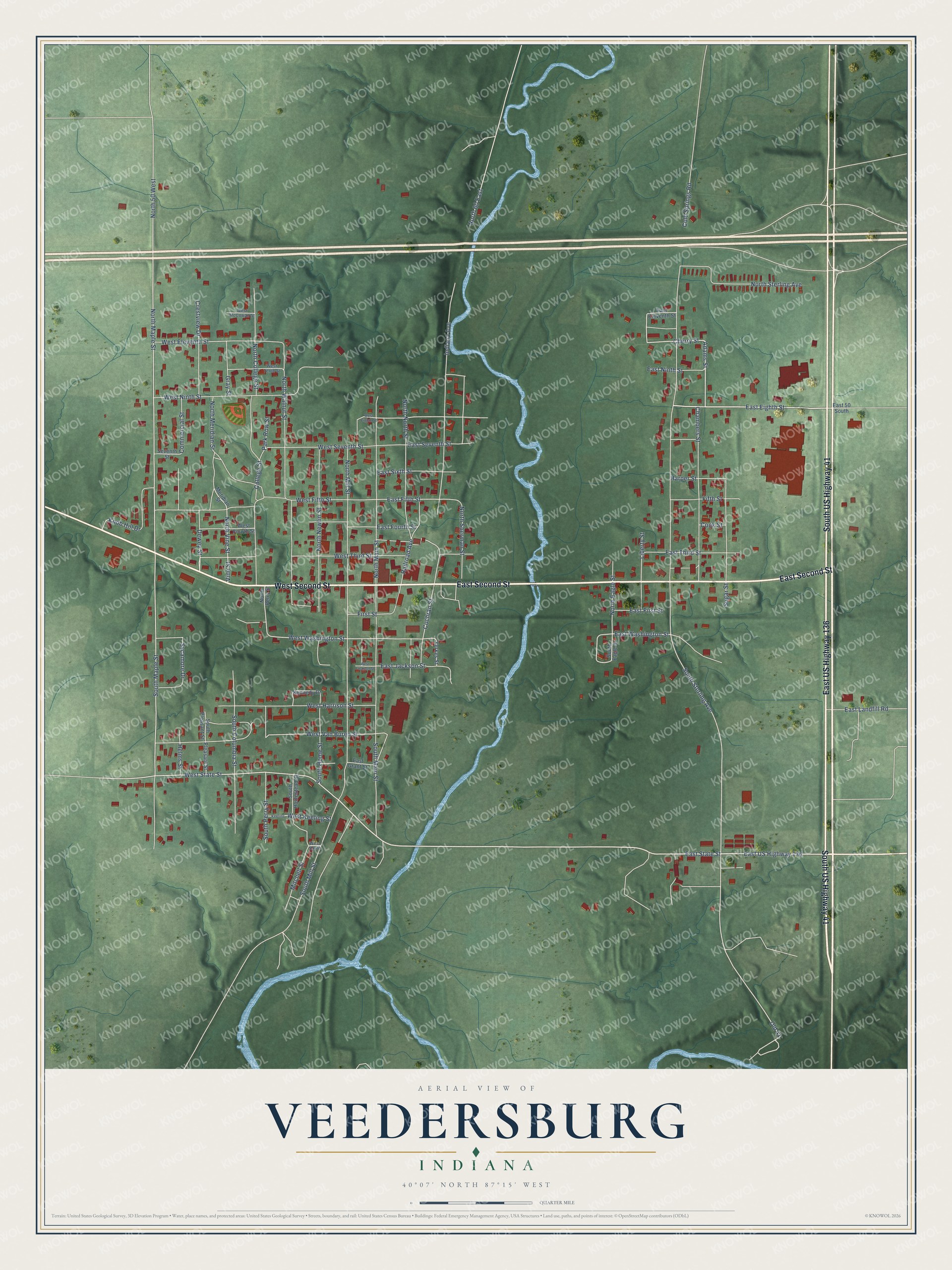 Full map of Veedersburg, Indiana, with red buildings, printed street names and the land around them