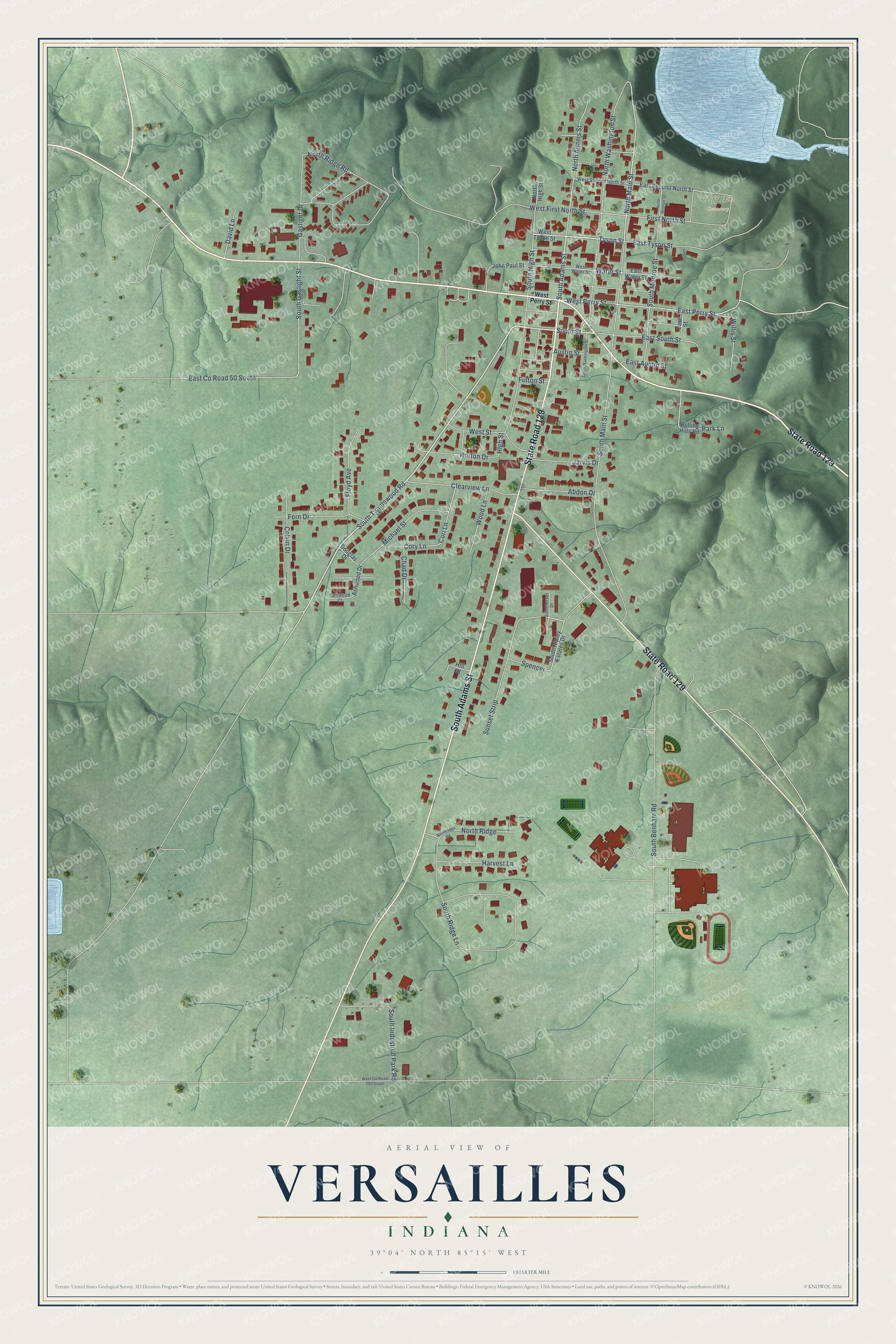 Full map of Versailles, Indiana, with red buildings, printed street names and the land around them