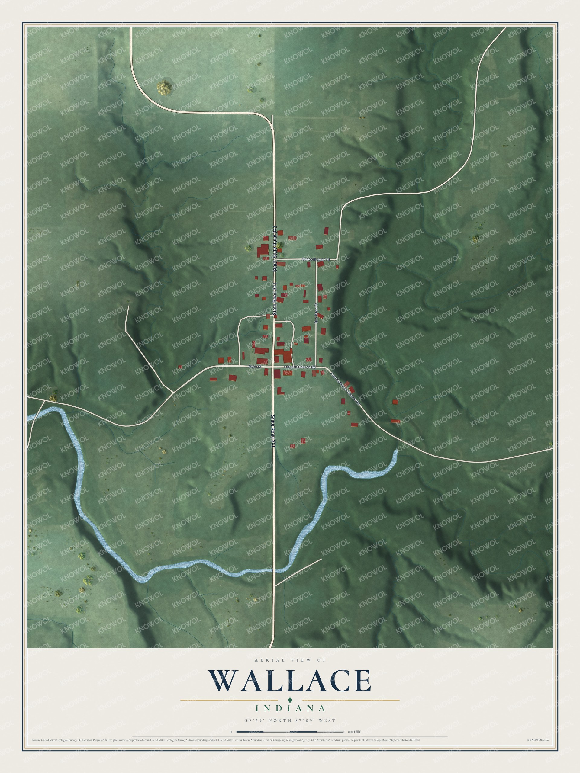 Full map of Wallace, Indiana, with red buildings, printed street names and the land around them