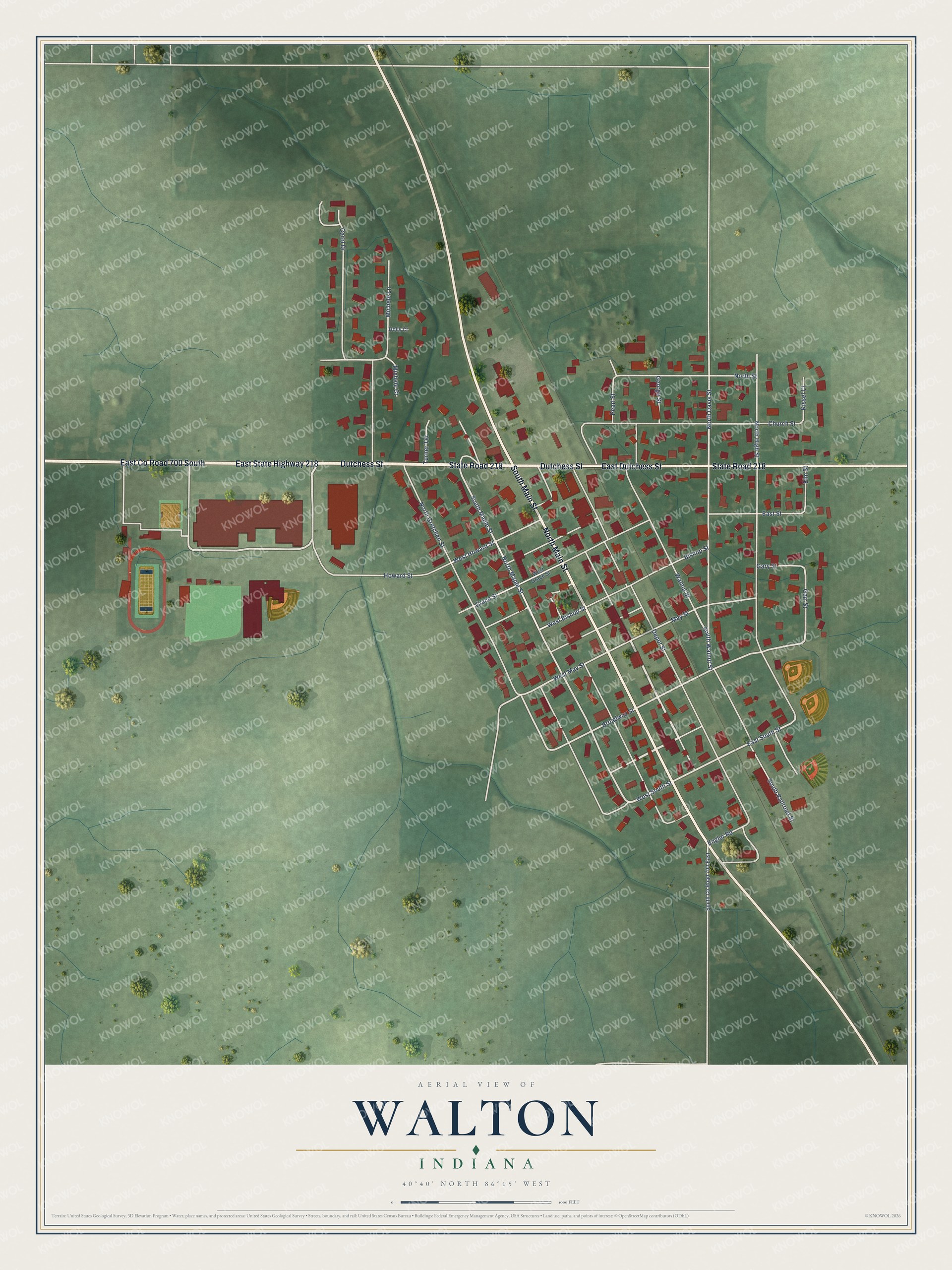 Full map of Walton, Indiana, with red buildings, printed street names and the land around them