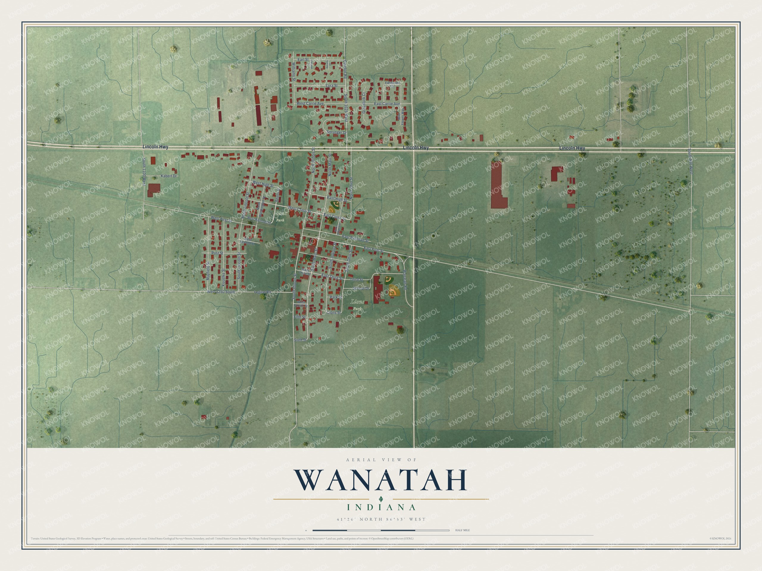Full map of Wanatah, Indiana, with red buildings, printed street names and the land around them