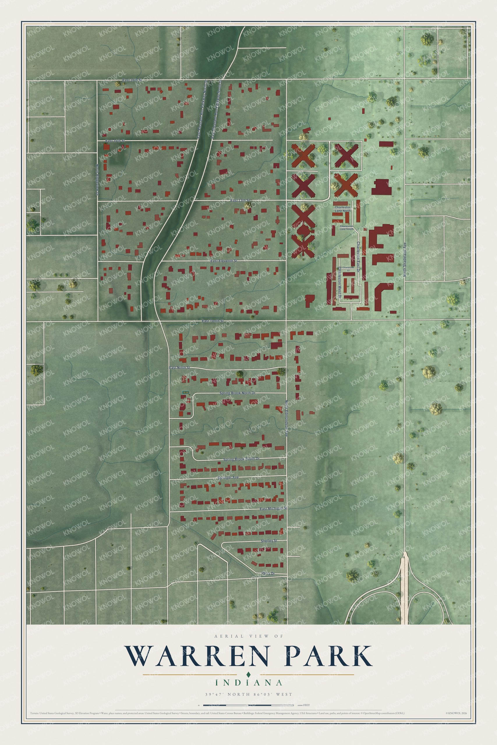 Full map of Warren Park, Indiana, with red buildings, printed street names and the land around them