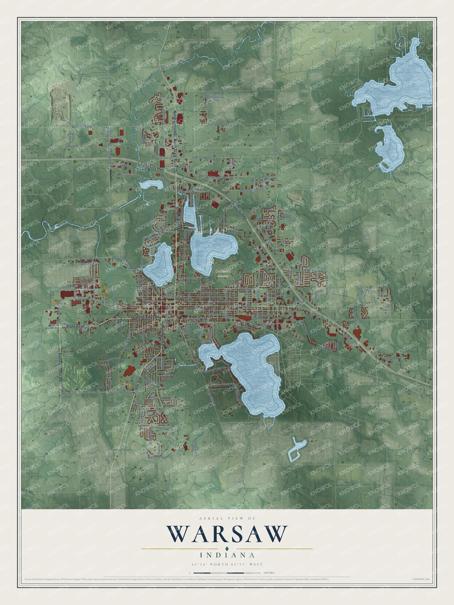 Full map of Warsaw, Indiana, with red buildings, printed street names and the land around them