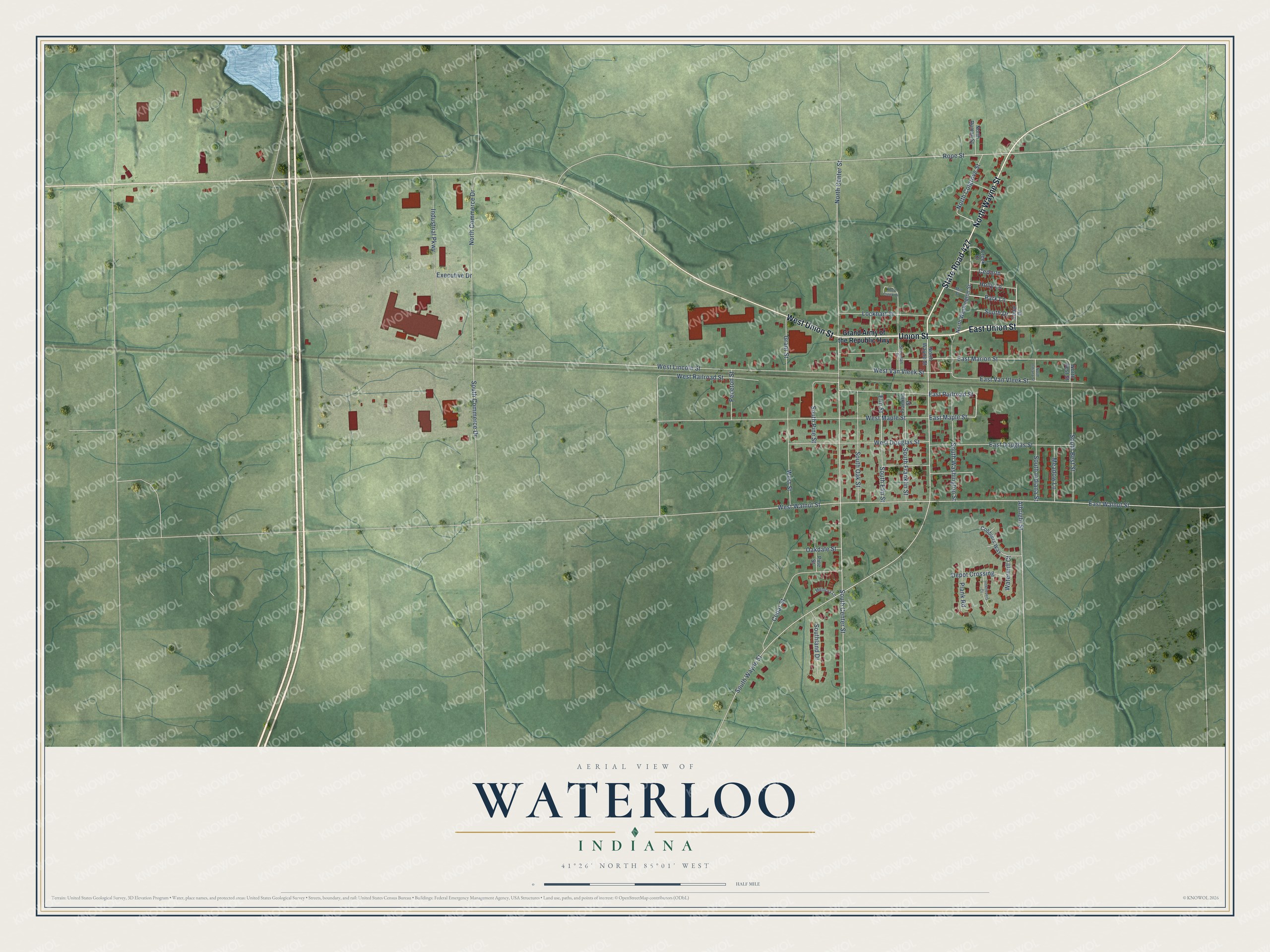 Watermarked full-map preview of Waterloo, Indiana