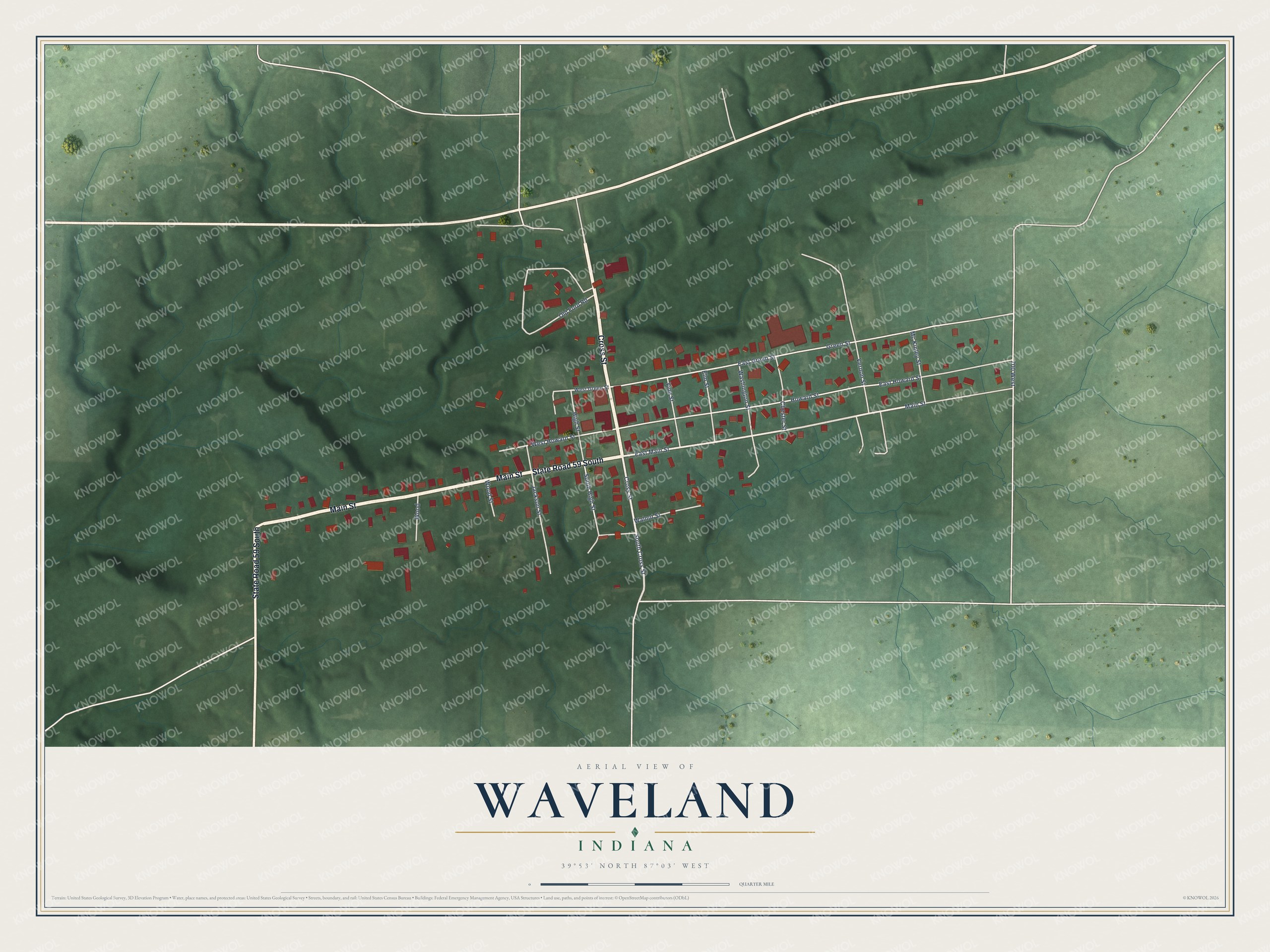 Full map of Waveland, Indiana, with red buildings, printed street names and the land around them