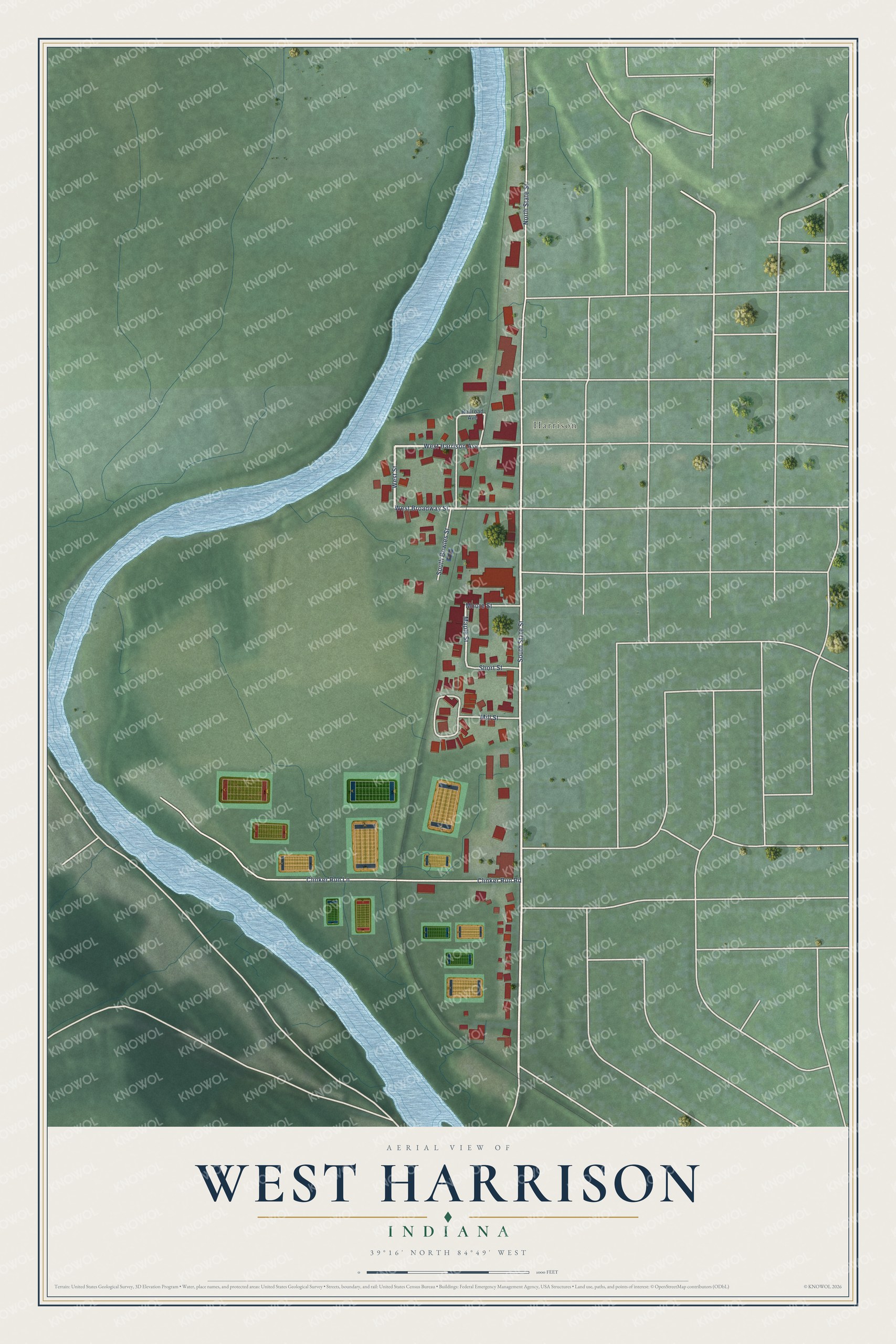 Full map of West Harrison, Indiana, with red buildings, printed street names and the land around them