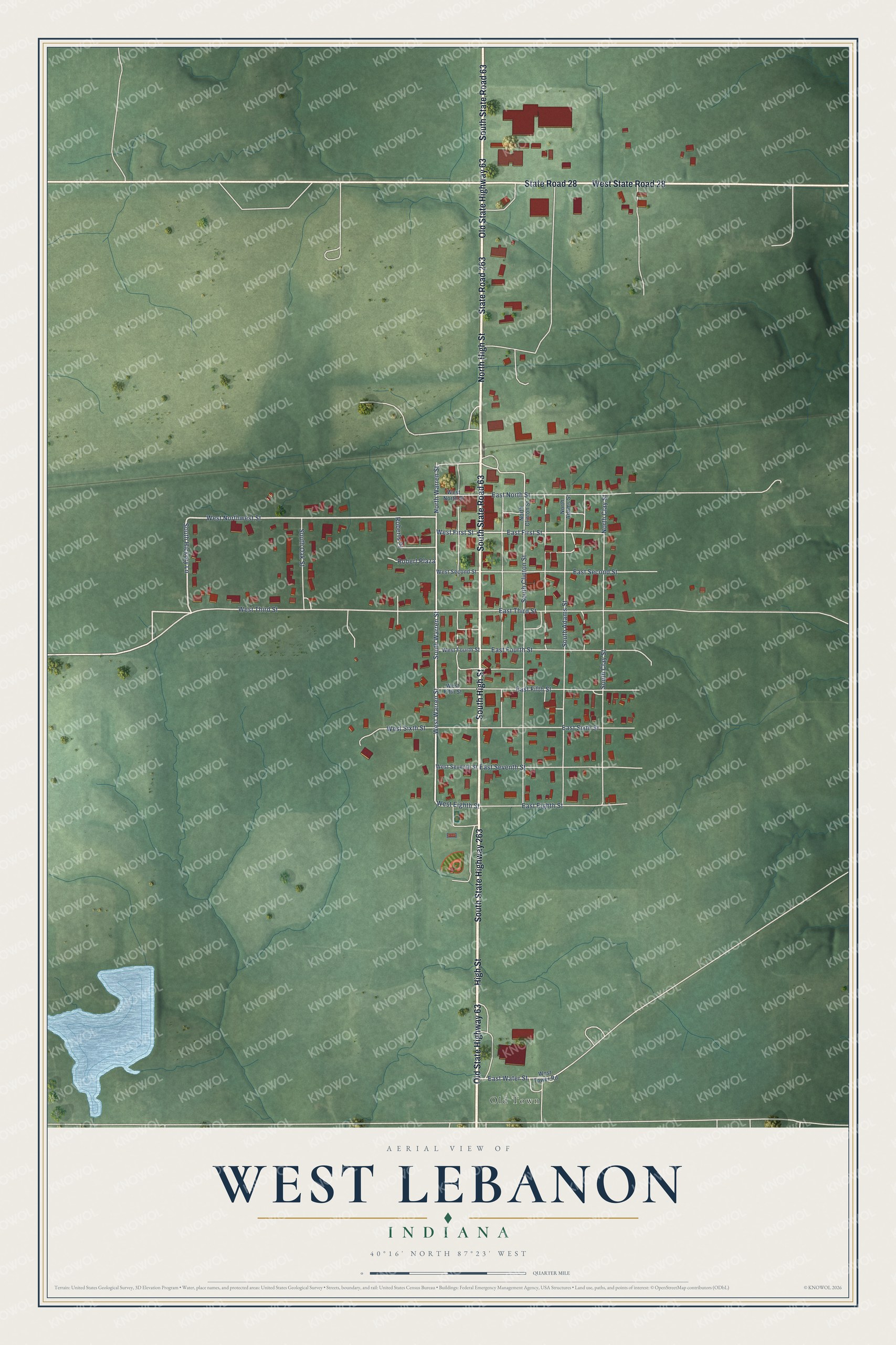 Full map of West Lebanon, Indiana, with red buildings, printed street names and the land around them