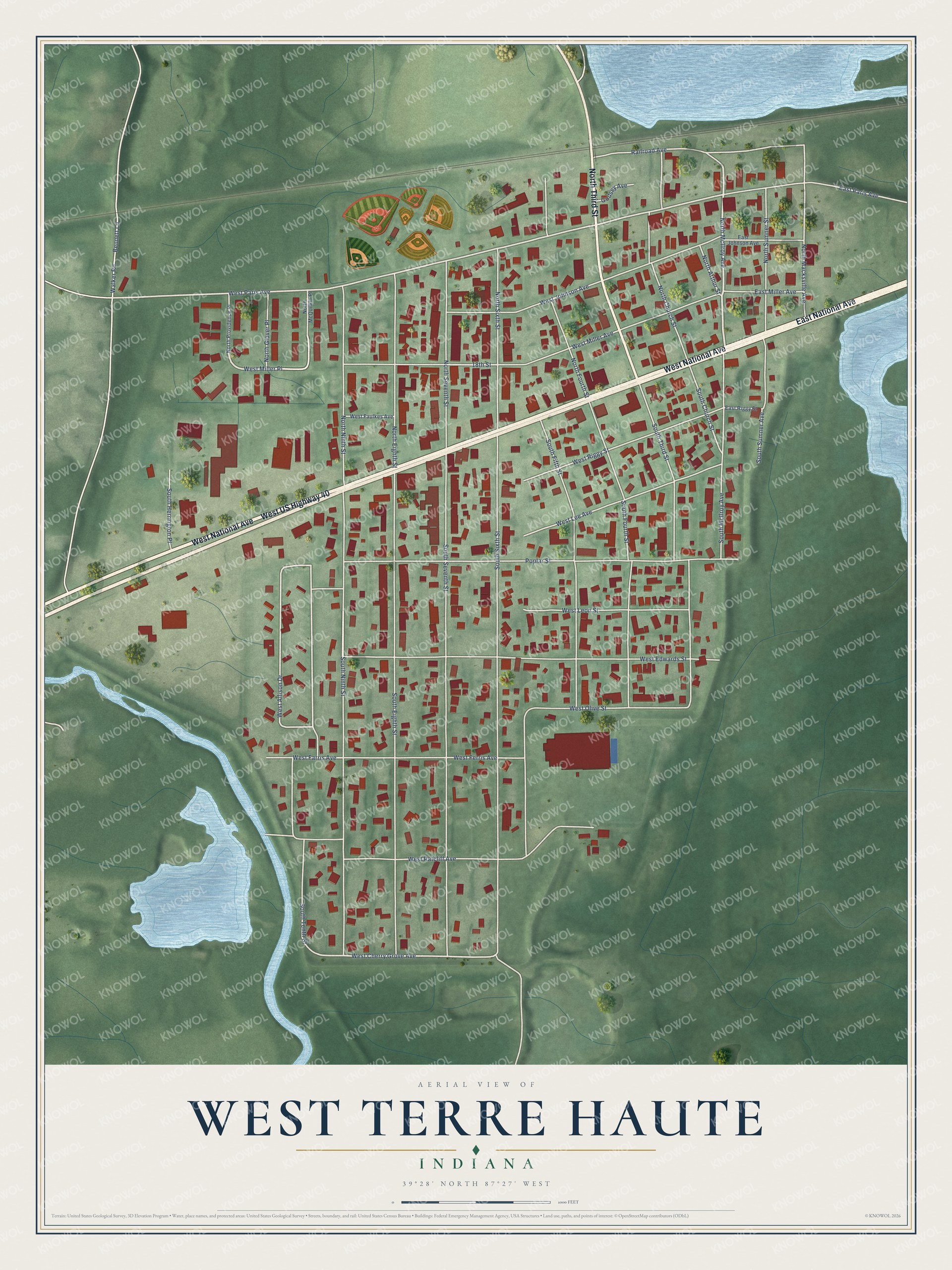 Full map of West Terre Haute, Indiana, with red buildings, printed street names and the land around them