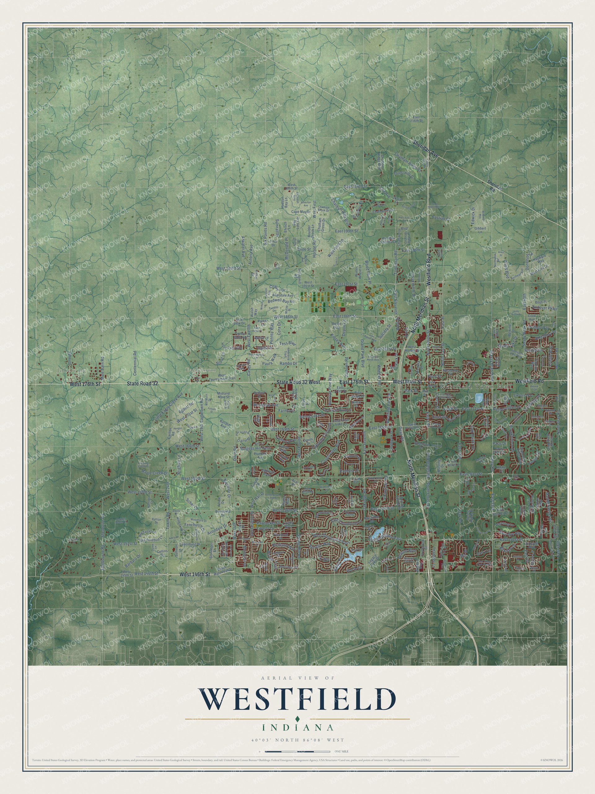 Full map of Westfield, Indiana, with red buildings, printed street names and the land around them