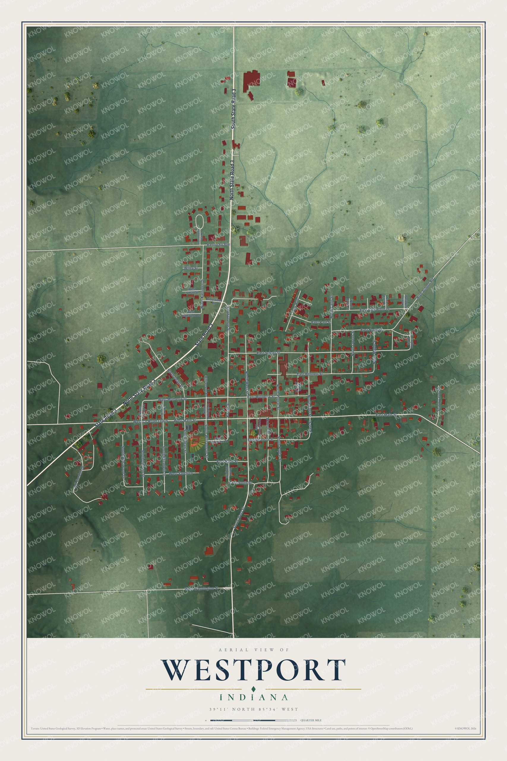 Full map of Westport, Indiana, with red buildings, printed street names and the land around them