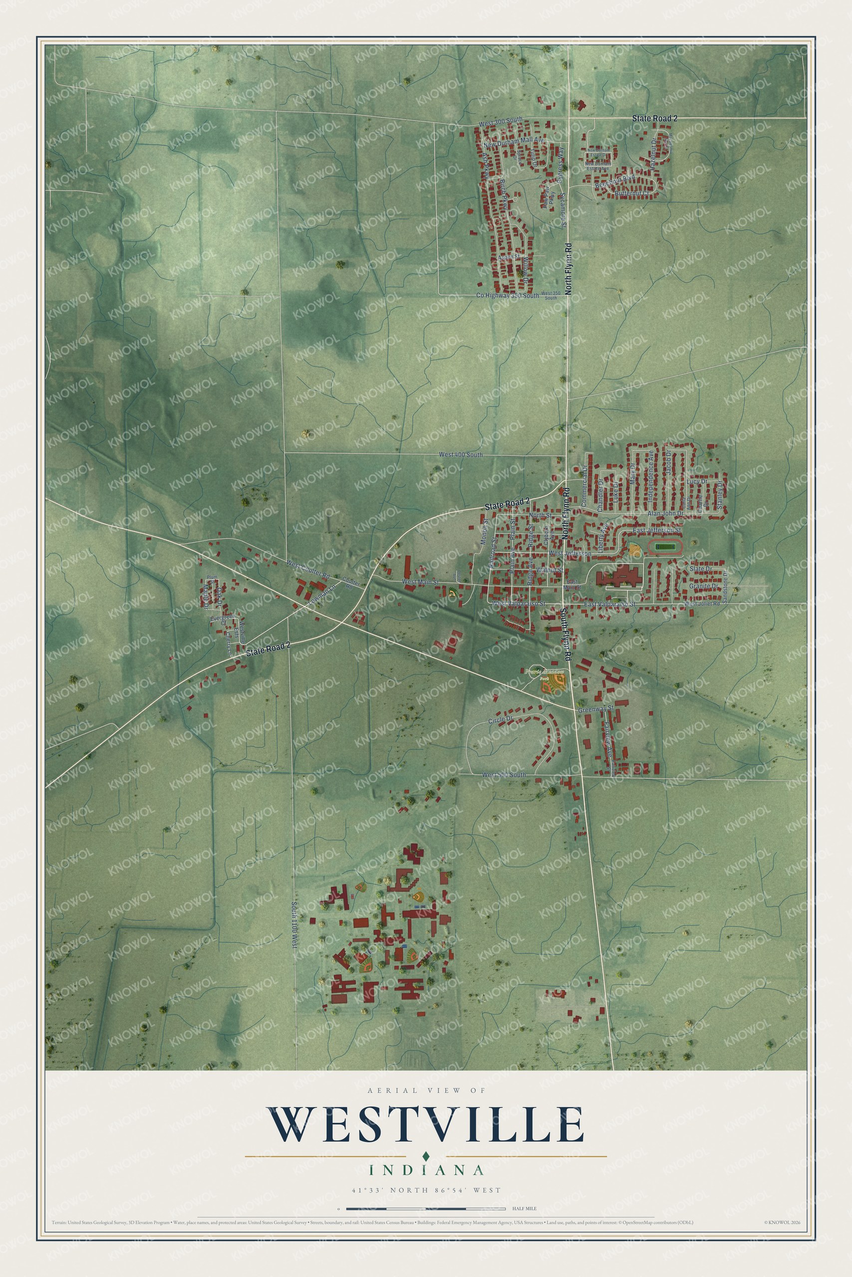 Full map of Westville, Indiana, with red buildings, printed street names and the land around them
