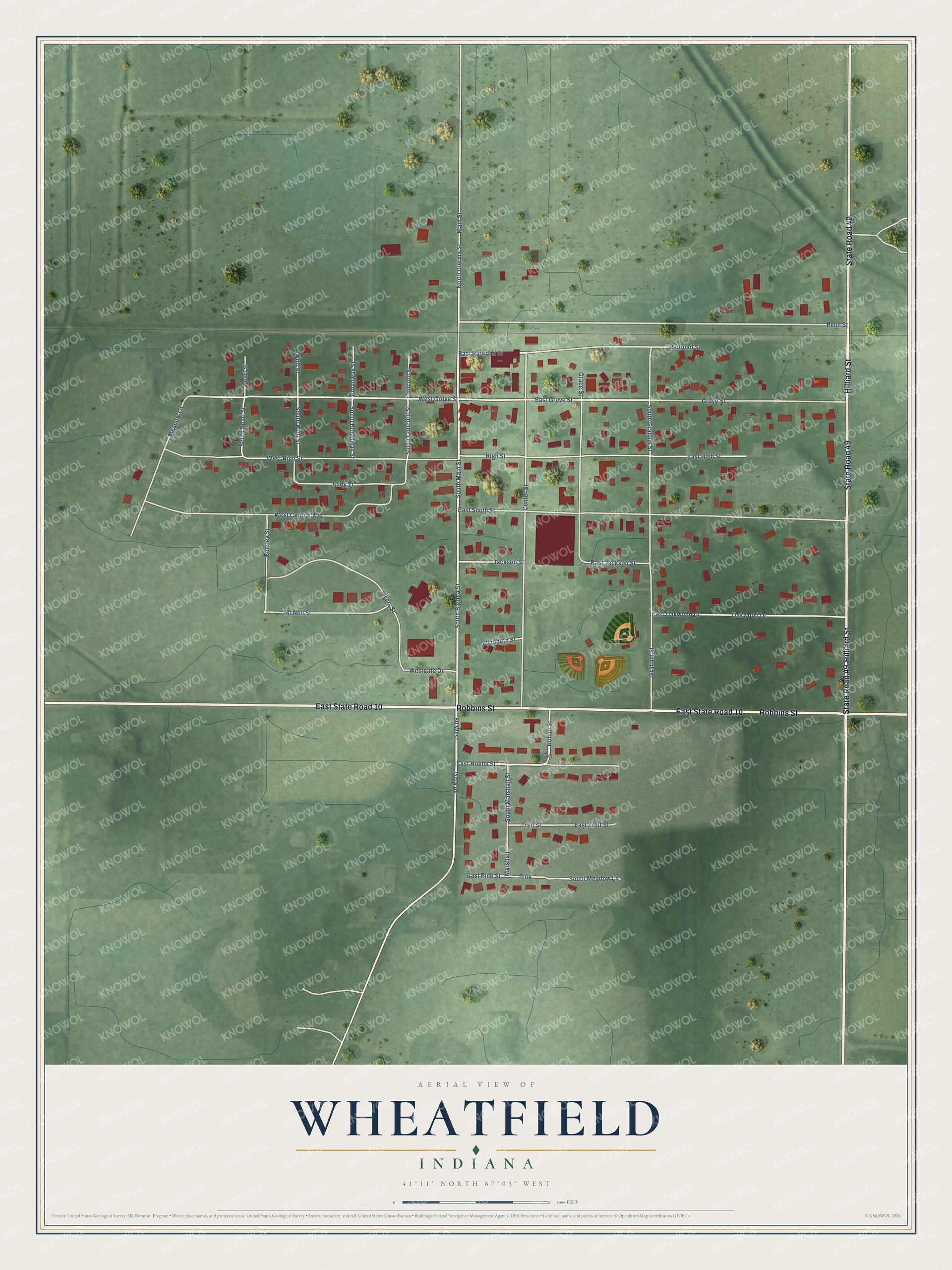 Full map of Wheatfield, Indiana, with red buildings, printed street names and the land around them