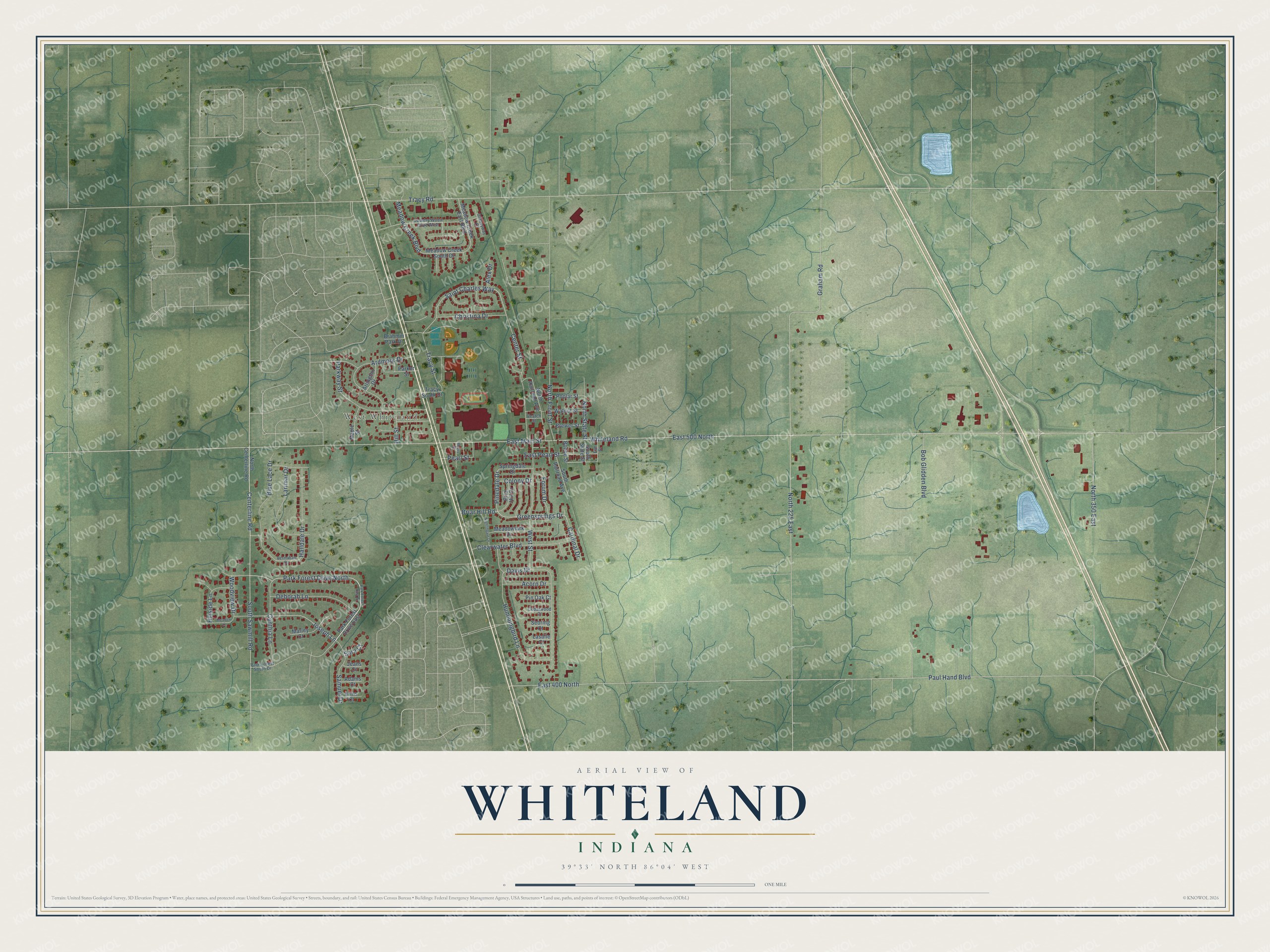 Full map of Whiteland, Indiana, with red buildings, printed street names and the land around them