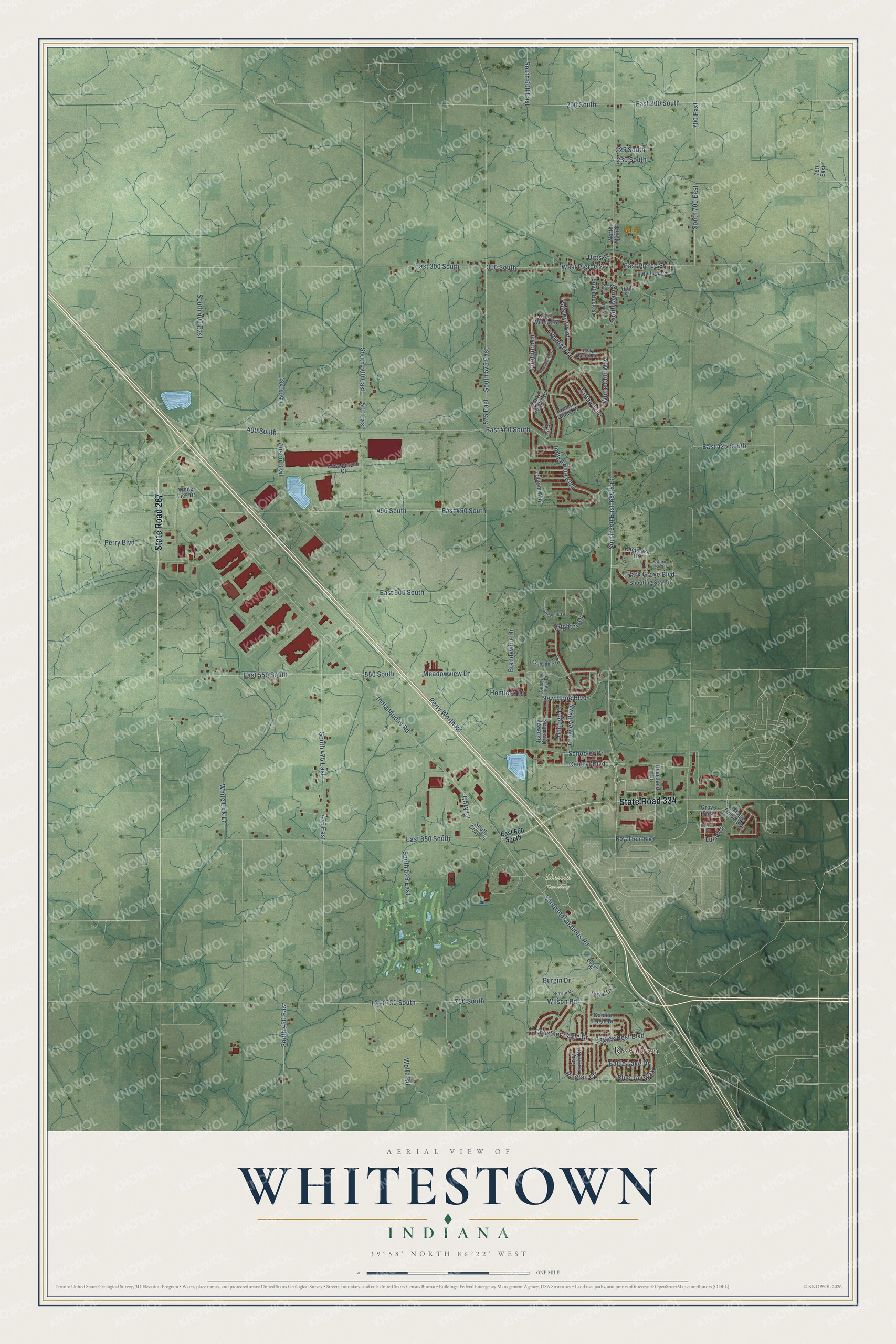 Full map of Whitestown, Indiana, with red buildings, printed street names and the land around them