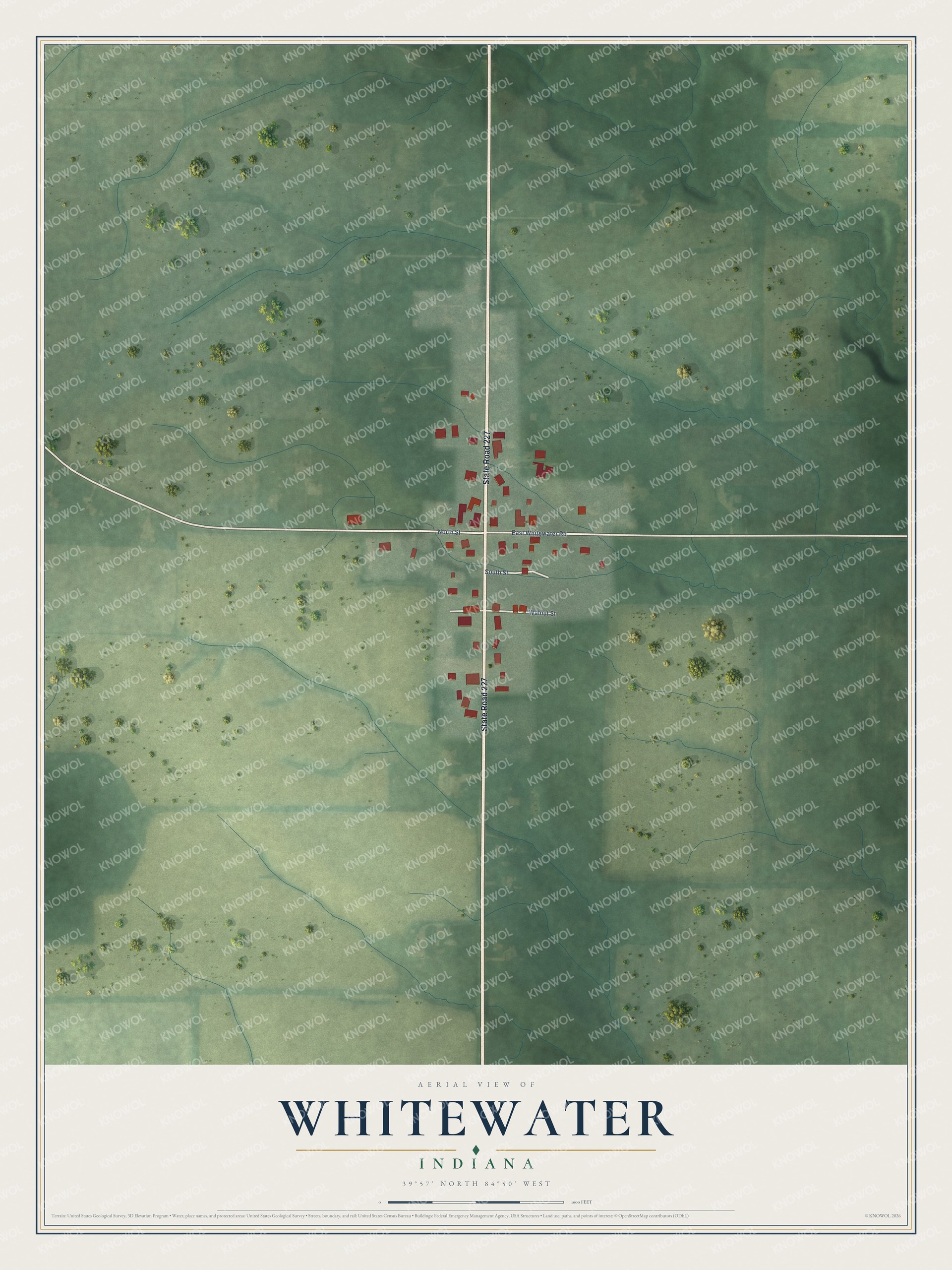 Full map of Whitewater, Indiana, with red buildings, printed street names and the land around them