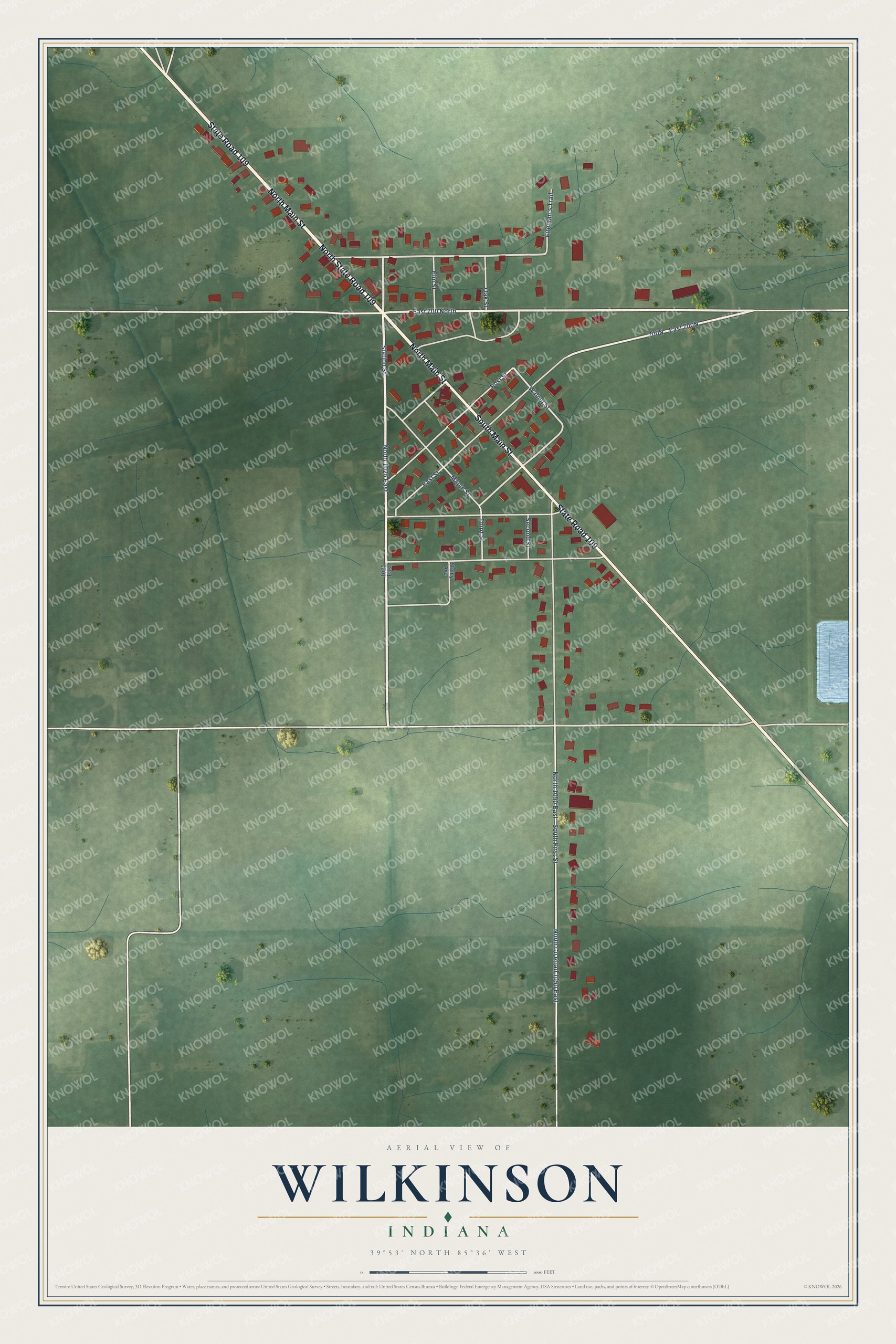Full map of Wilkinson, Indiana, with red buildings, printed street names and the land around them