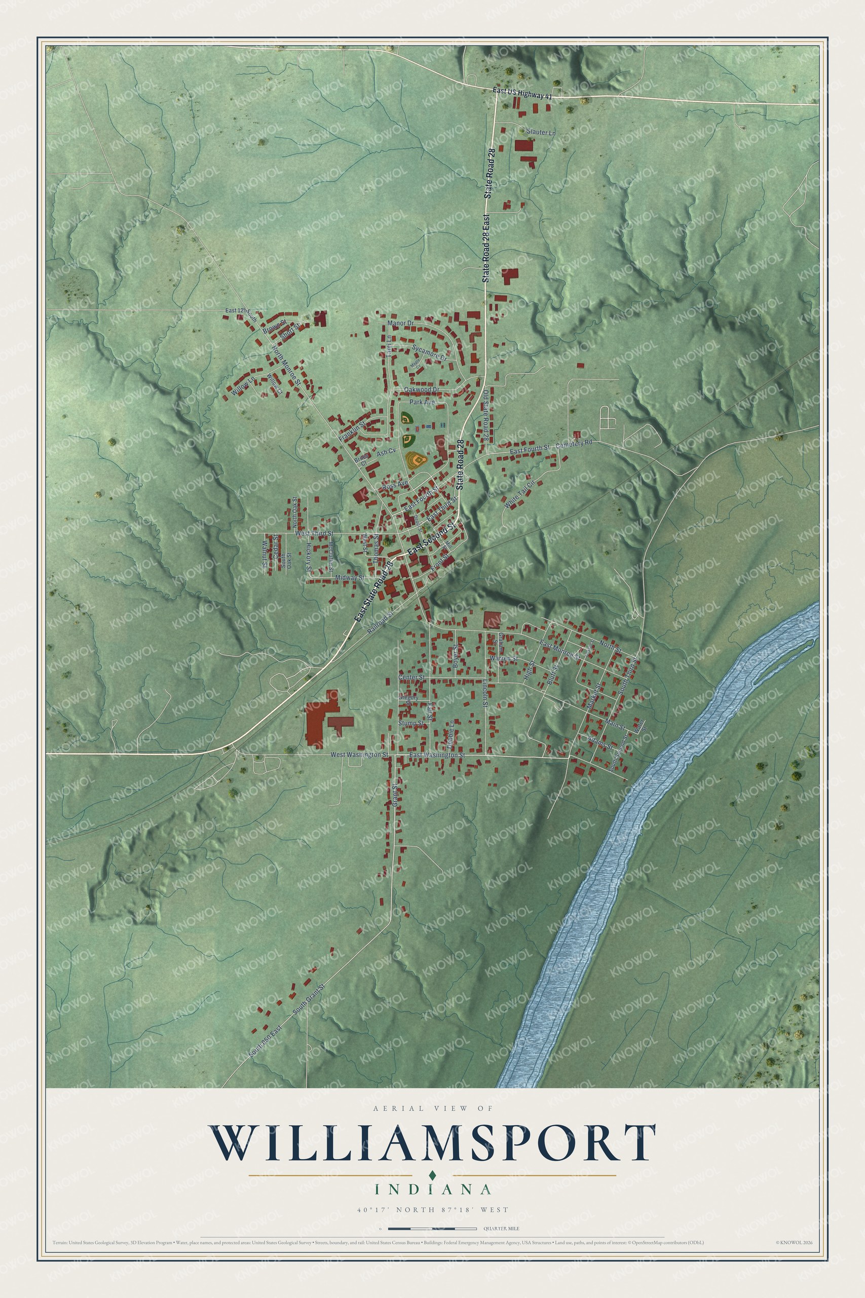 Full map of Williamsport, Indiana, with red buildings, printed street names and the land around them