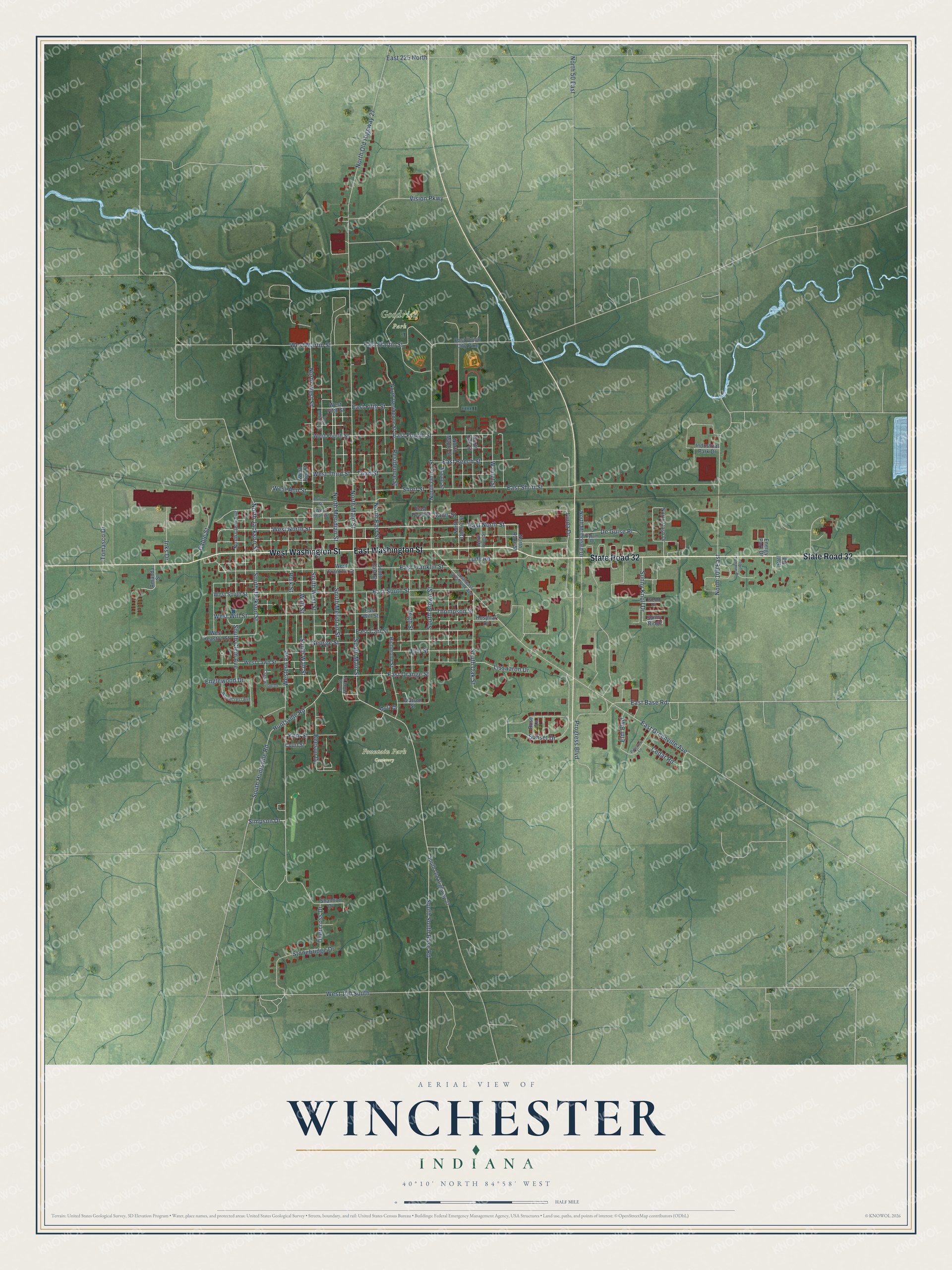 Full map of Winchester, Indiana, with red buildings, printed street names and the land around them