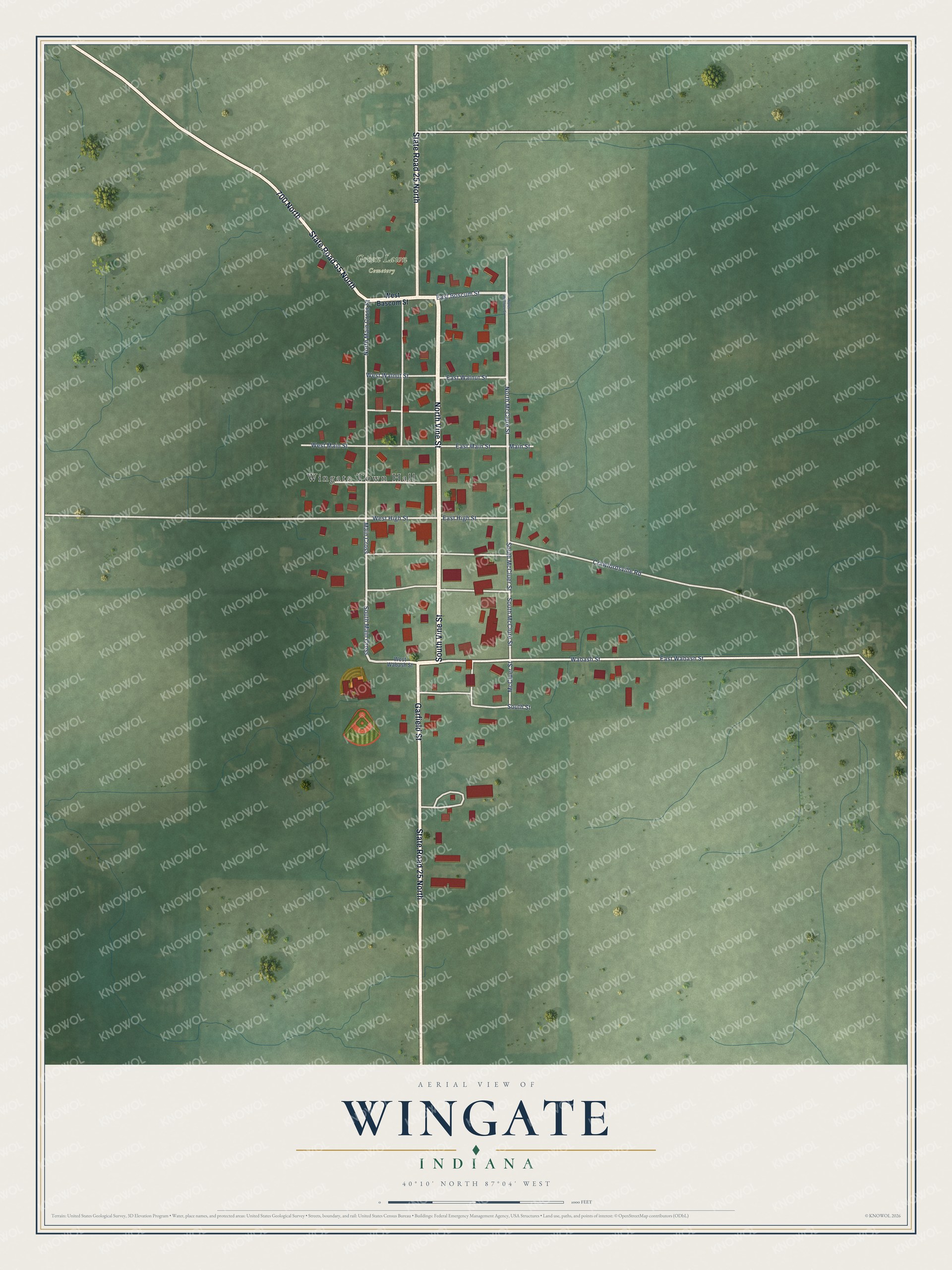 Full map of Wingate, Indiana, with red buildings, printed street names and the land around them