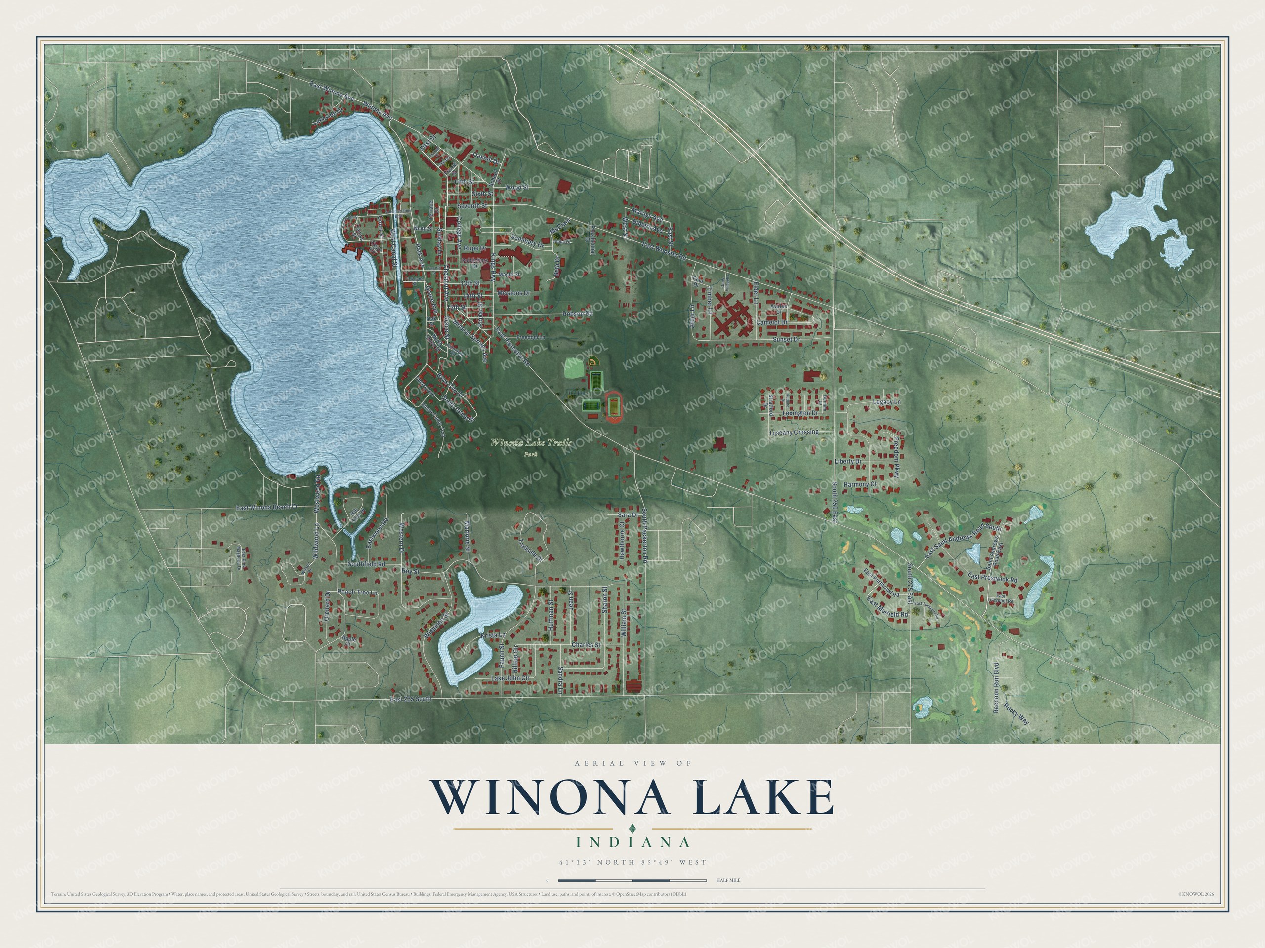 Full map of Winona Lake, Indiana, with red buildings, printed street names and the land around them